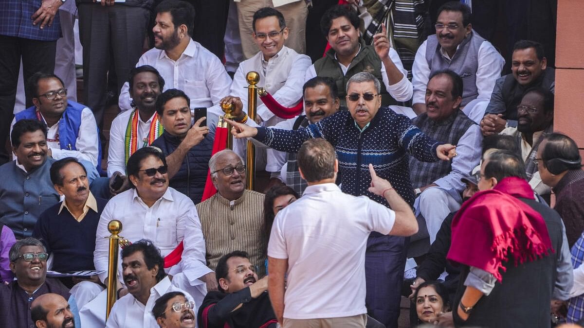 <div class="paragraphs"><p>Suspended TMC MP Kalyan Banerjee mimicks presiding officers in an impromptu skit depicting the proceedings of the House during a protest at the Makar Dwar over the suspension of MPs amid the Winter session of Parliament, in New Delhi,</p></div>