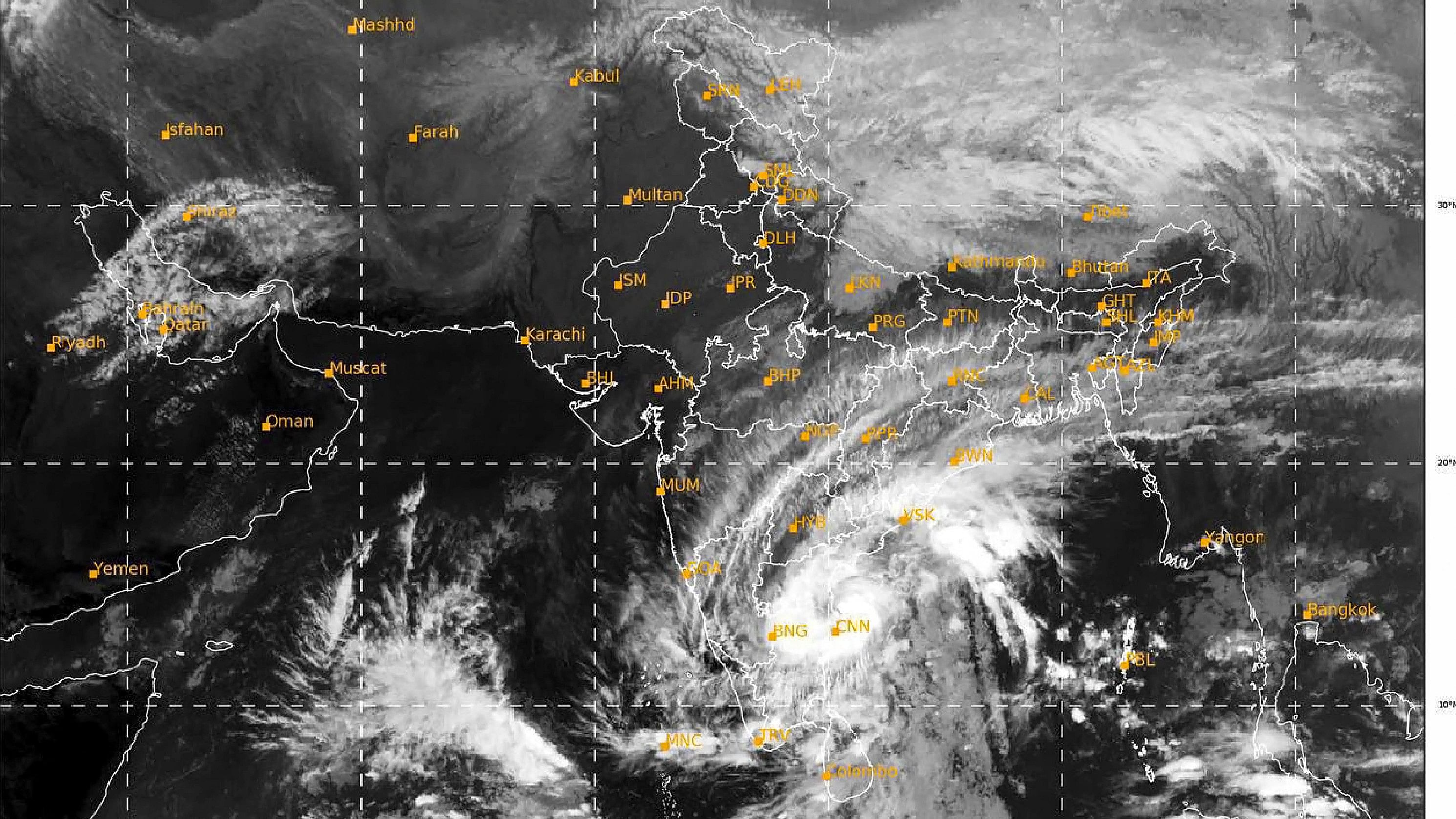 <div class="paragraphs"><p>Satellite image taken between 06:00 pm and 06:26 pm IST shows the location of Cyclone Michaung in the Bay of Bengal, on Monday, Dec. 4, 2023.</p></div>