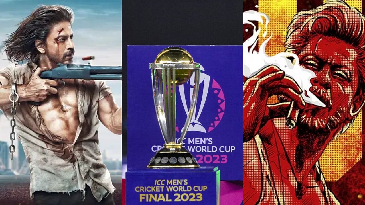 <div class="paragraphs"><p>Shah Rukh Khan in Pathan and Jawan (R), ICCWorld Cup trophy (Centre)</p></div>