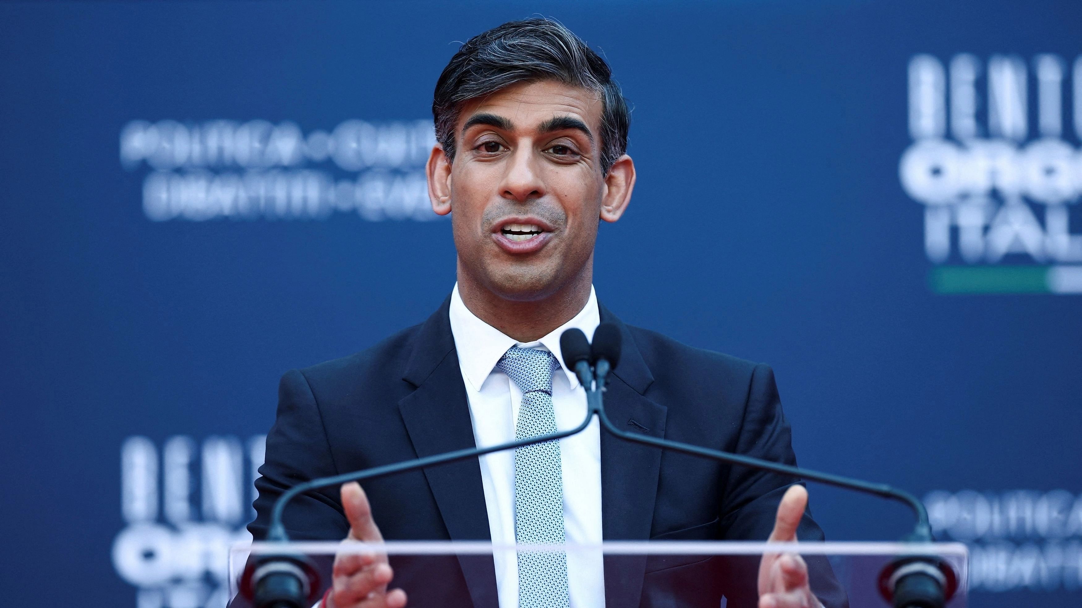 <div class="paragraphs"><p>British Prime Minister Rishi Sunak speaks, as he attends political festival Atreju organised by Italian Prime Minister Giorgia Meloni's Brothers of Italy  right-wing party, in Rome, Italy, December 16, 2023. </p></div>