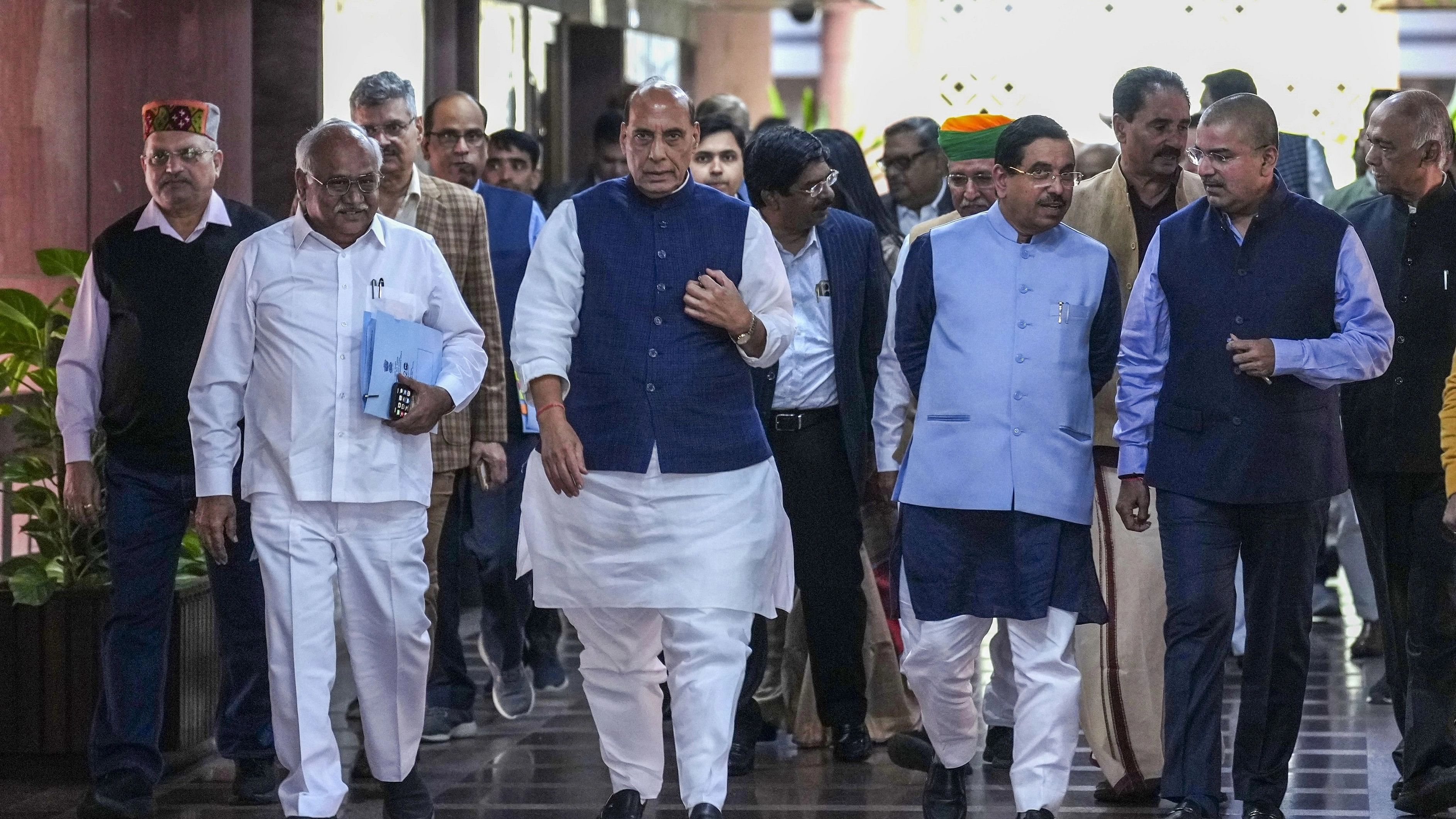 <div class="paragraphs"><p>Union Defence Minister Rajnath Singh, Union Minister of Parliamentary Affairs, Coal and Mines Pralhad Joshi, Union Minister of State for Law and Justice, Parliamentary Affairs and Culture Arjun Ram Meghwal and others leave after a meeting of the Minister of Parliamentary Affairs with floor leaders of political parties at the Parliament House before the commencement of the Winter Session, in New Delhi, Saturday, Dec. 2, 2023. </p></div>