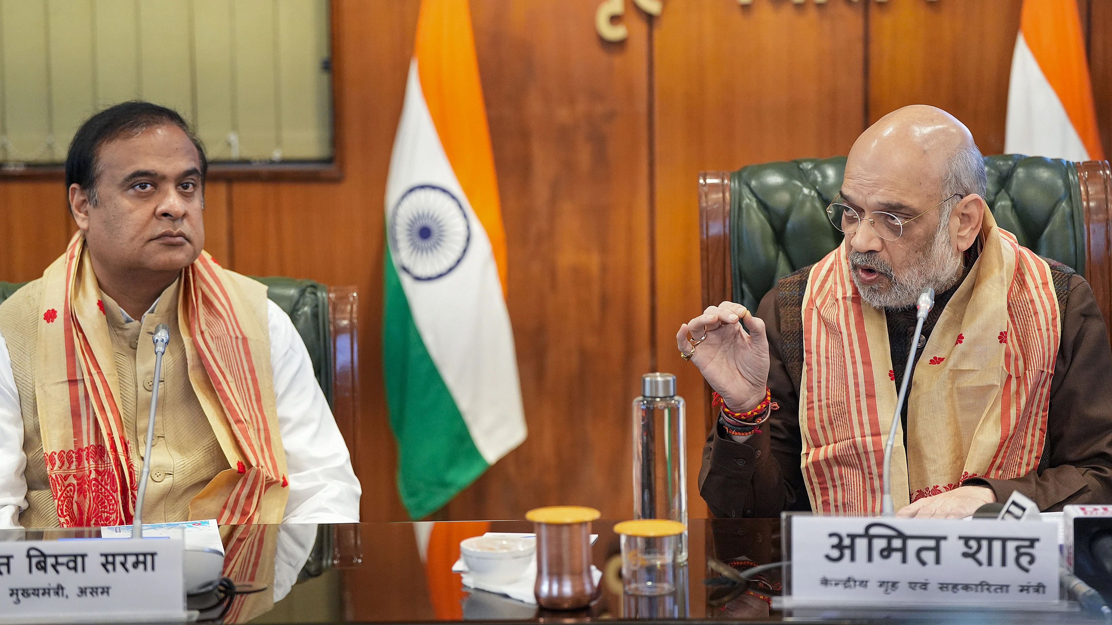 <div class="paragraphs"><p>Union Home Minister Amit Shah with Assam Chief Minister Himanta Biswa Sarma during signing of a peace accord between United Liberation Front of Asom (ULFA) and the central and Assam governments, in New Delhi.</p></div>