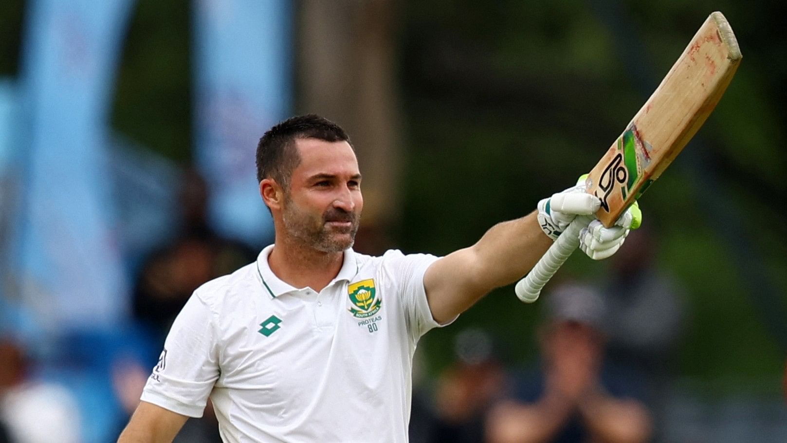 <div class="paragraphs"><p>South Africa’s Dean Elgar celebrates his century against India, on Wednesday, Dec 27, 2023</p></div>