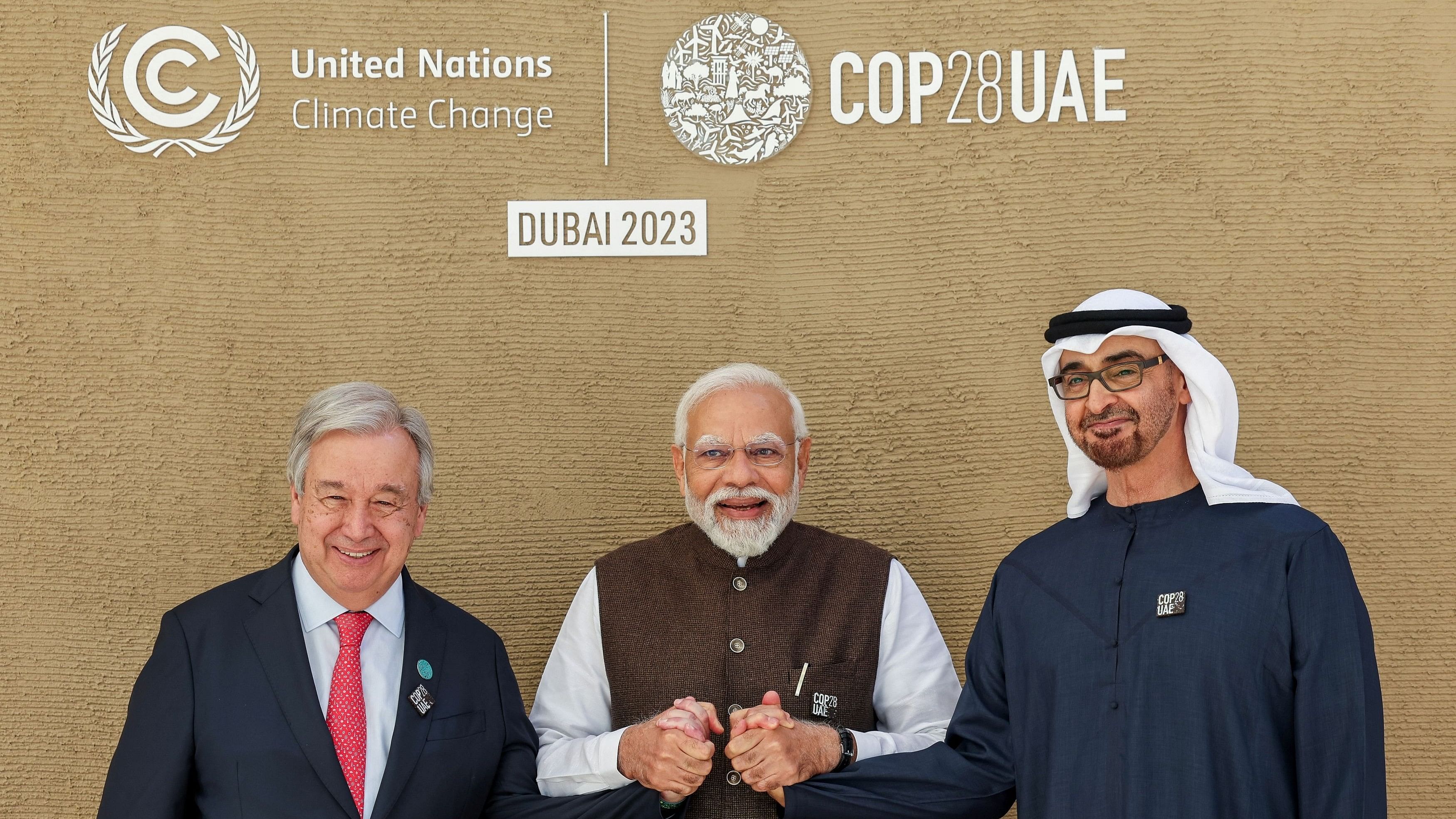<div class="paragraphs"><p>United Nations Secretary-General Antonio Guterres, India's Prime Minister Narendra Modi and President of the United Arab Emirates Sheikh Mohamed bin Zayed Al Nahyan attend the United Nations Climate Change Conference  at Expo City Dubai, in Dubai, United Arab Emirates.</p></div>