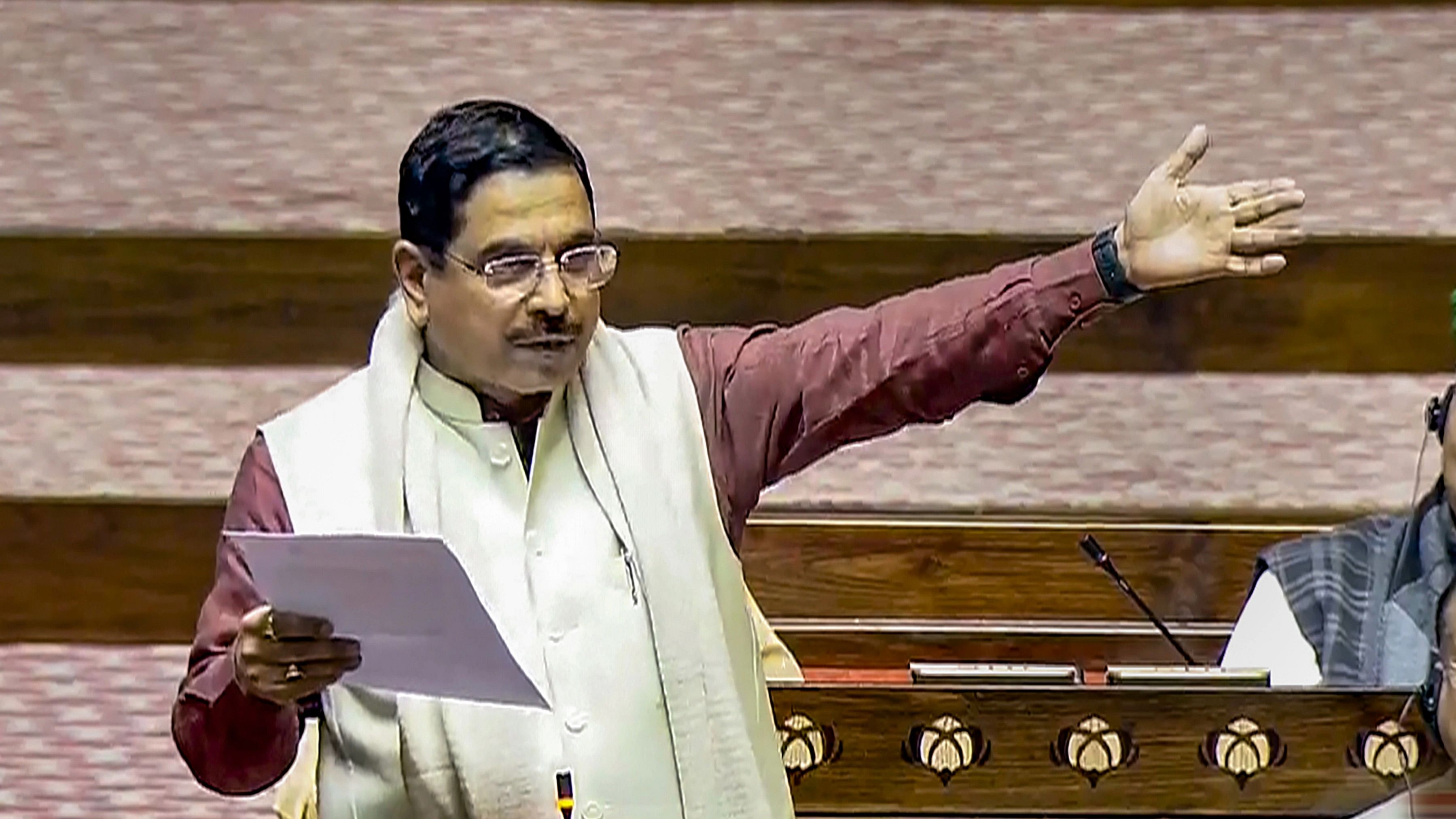 <div class="paragraphs"><p>Union Minister Pralhad Joshi speaks in the Rajya Sabha during the Winter session of Parliament.</p></div>