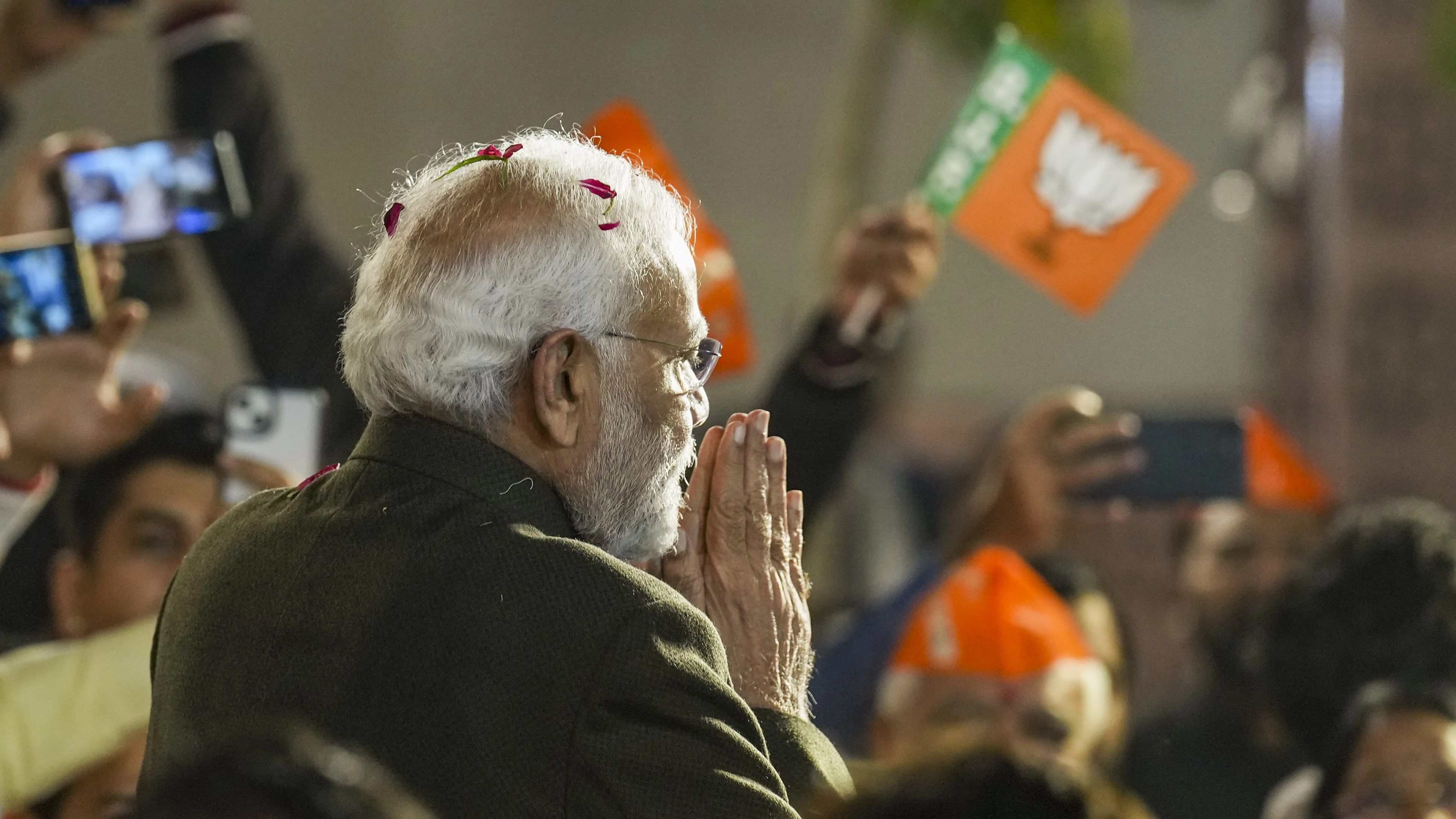 <div class="paragraphs"><p>Prime Minister and senior BJP leader Narendra Modi arrives to attend celebrations after party's victory in elections to the Legislative Assemblies of Madhya Pradesh, Rajasthan and Chhattisgarh, at BJP headquarters, in New Delhi, Sunday, Dec. 3, 2023. </p></div>