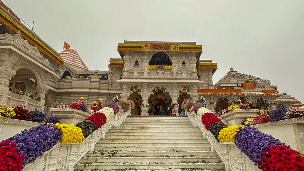 <div class="paragraphs"><p>Ram Mandir being decorated with flowers on the eve of its consecration ceremony, in Ayodhya, Sunday, Jan. 21, 2024.</p></div>