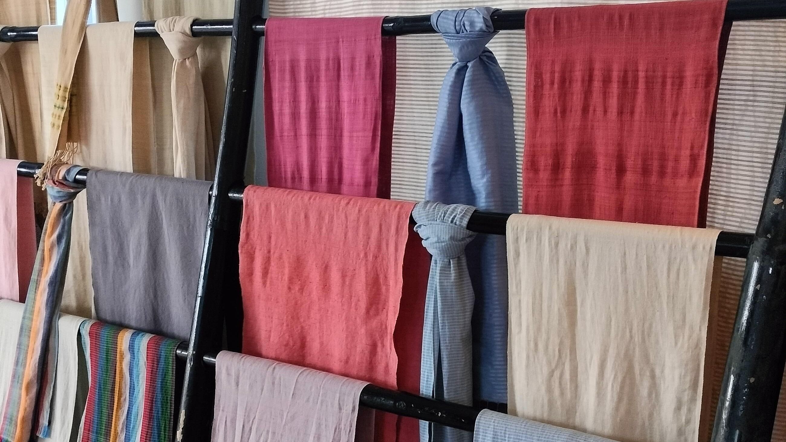 Silk scarves on display at Samatoa’s boutique in Siem Reap, Cambodia.