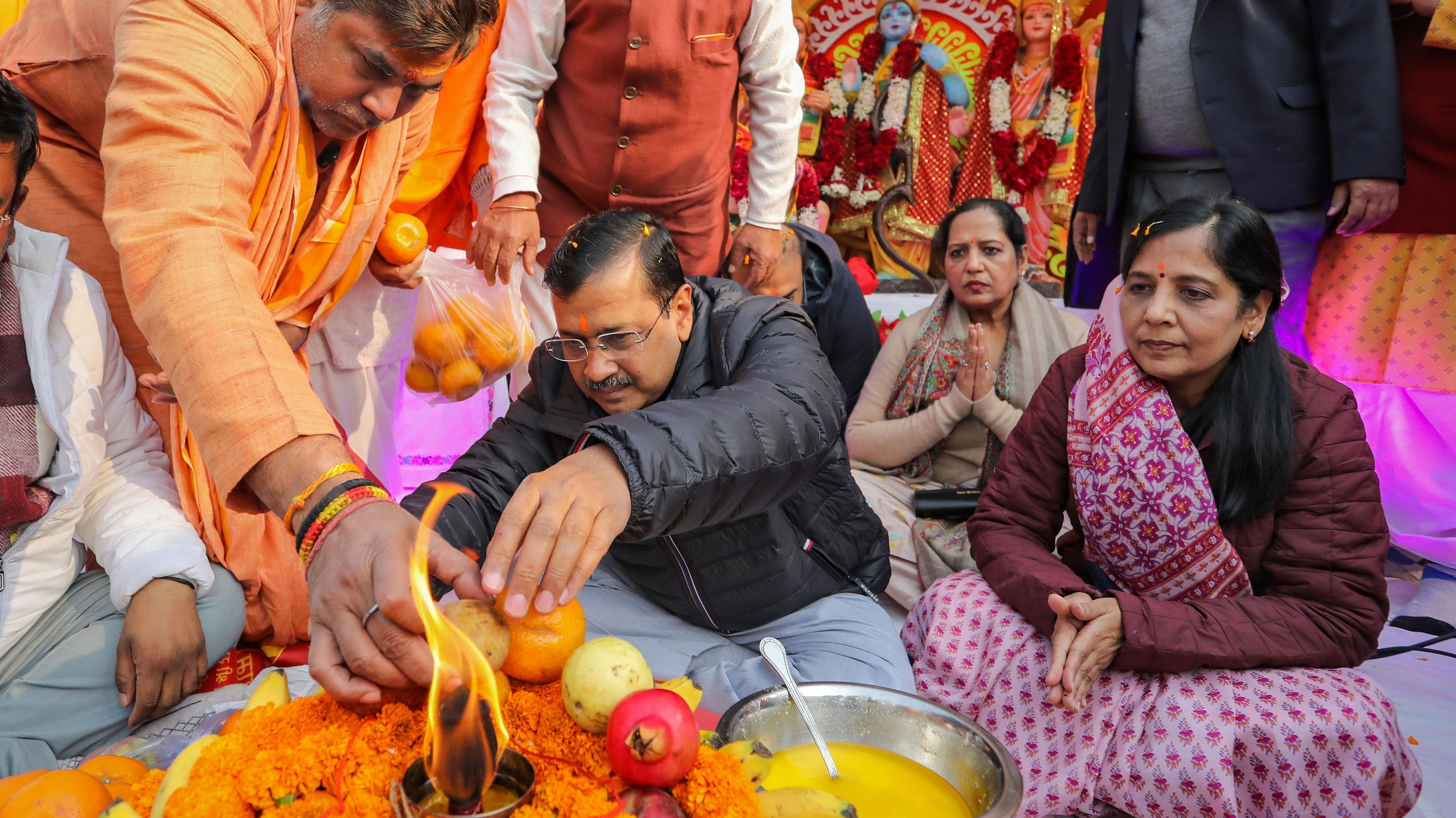 <div class="paragraphs"><p>Delhi Chief Minister Arvind Kejriwal with wife Sunita takes part in 'Sundar Kand' recitation, at Rohini in New Delhi.</p></div>