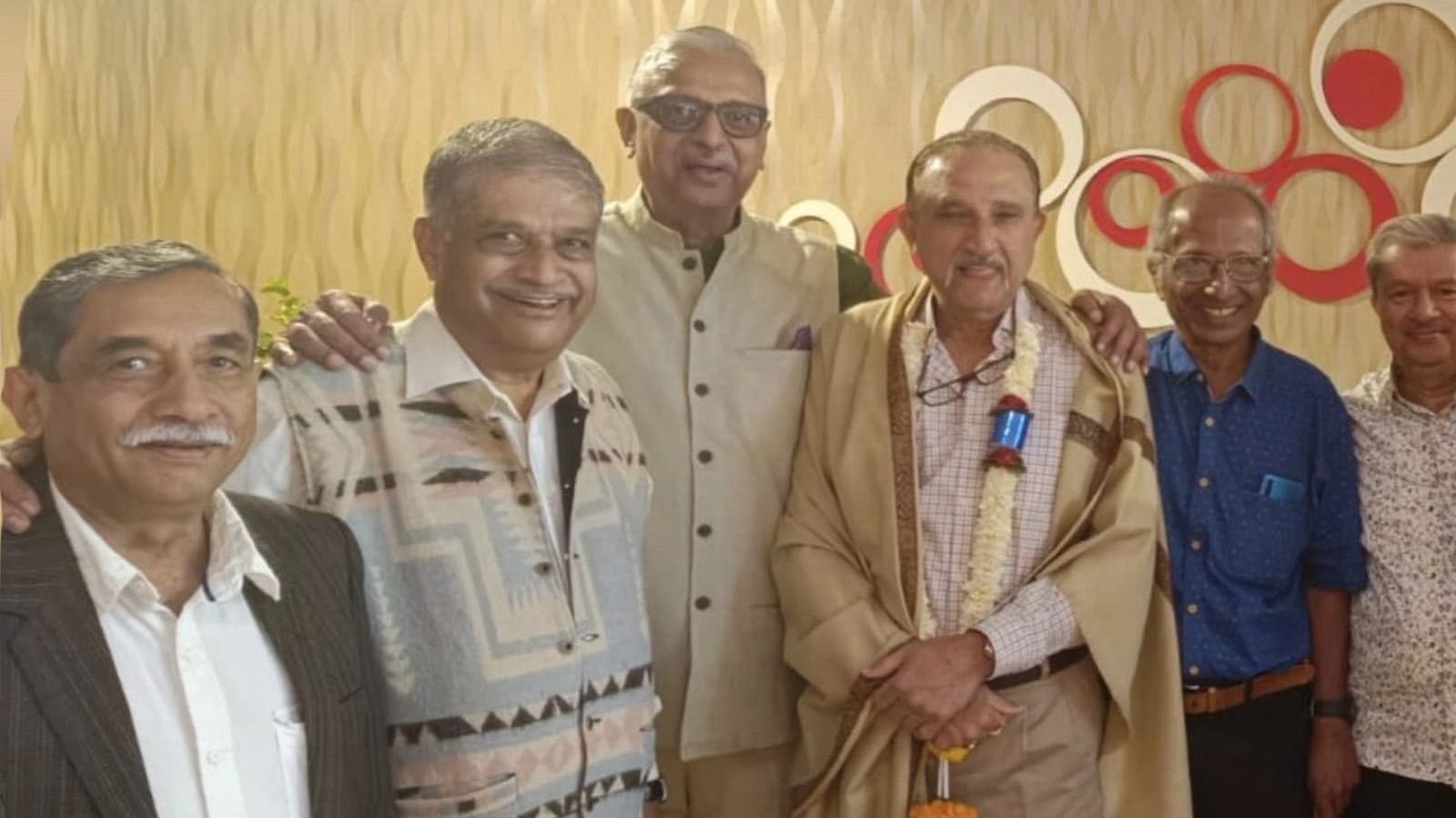 Raghuram Bhat, KSCA president (in shawl), was felicitated by the organising committee comprising (from left) Chetan Kumar, Chandra Mohan, Ram Kumar Raja, Arun Hegde, and Sridhar