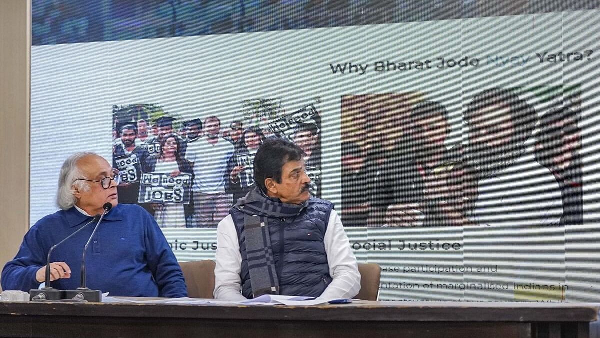 <div class="paragraphs"><p>Congress leaders Jairam Ramesh (left) and KC Venugopal during the launch of the website of Bharat Jodo Nyay Yatra in New Delhi.</p></div>