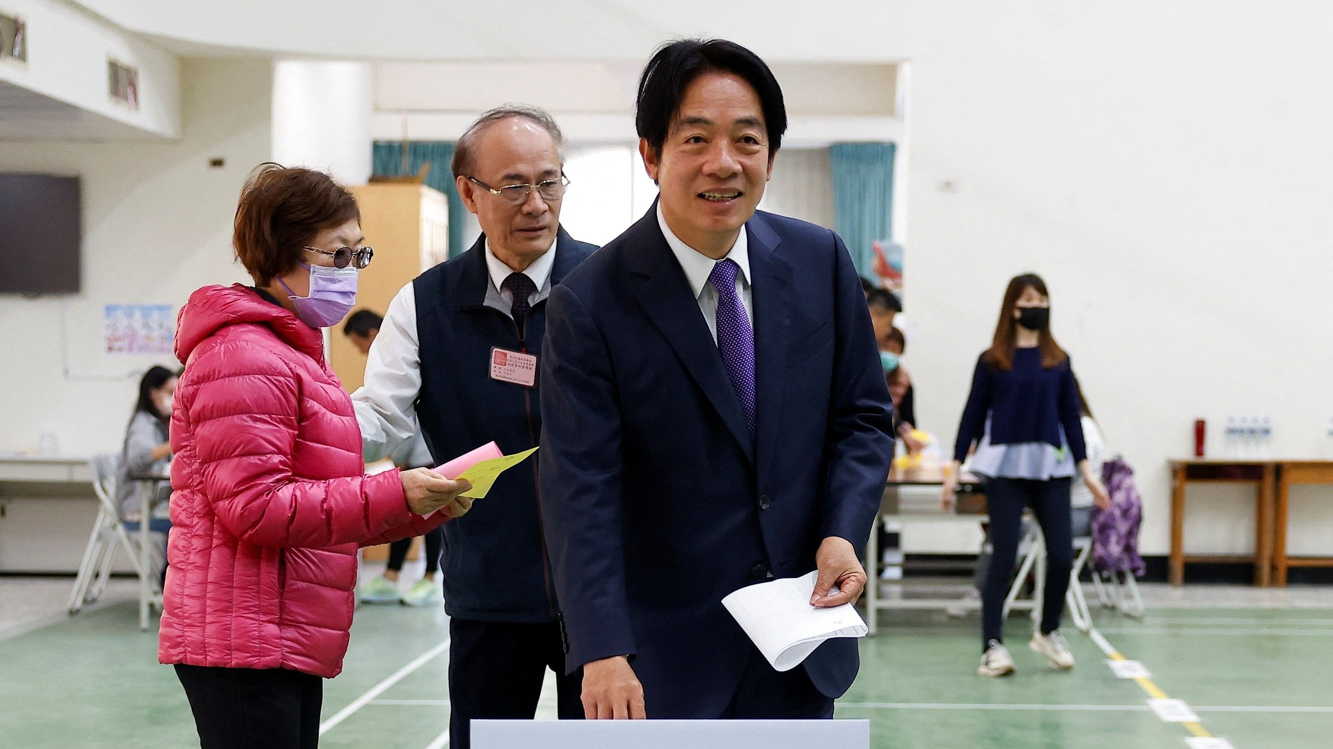 <div class="paragraphs"><p>Lai Ching-te, Taiwan's vice president and the ruling Democratic Progressive Party's  presidential candidate casts his vote at a polling station during the presidential and parliamentary elections in Tainan, Taiwan January 13, 2024. </p></div>