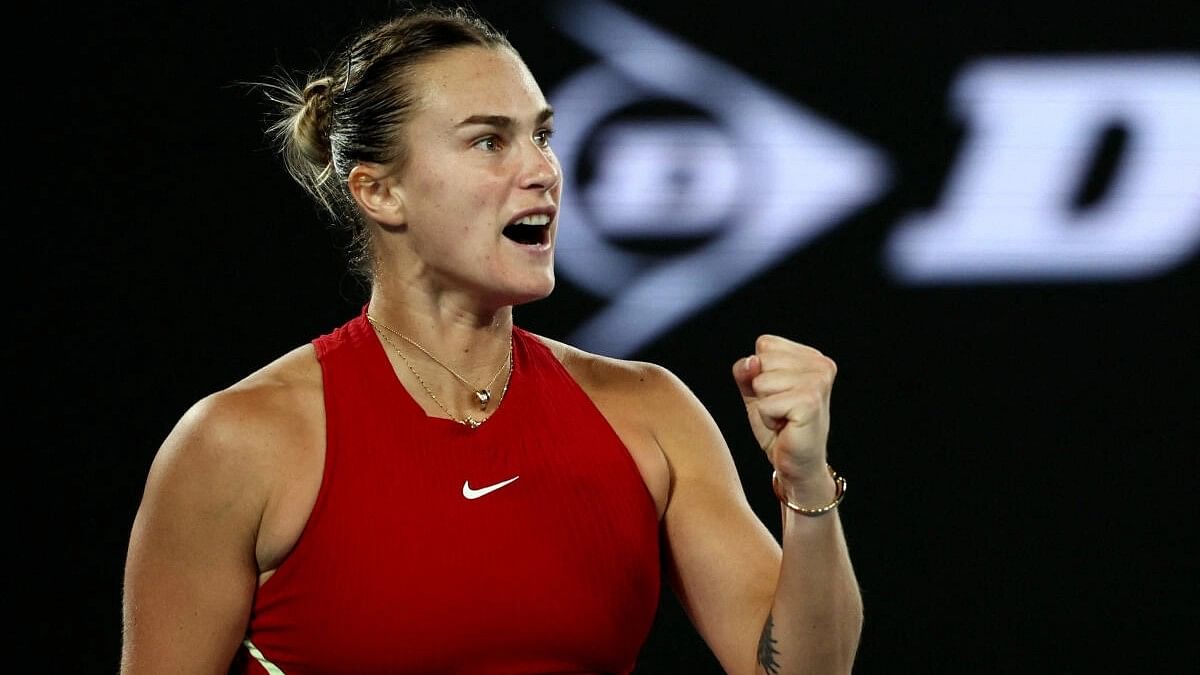 <div class="paragraphs"><p>Belarus' Aryna Sabalenka reacts during her quarter final match against Czech Republic's Barbora Krejcikova.</p></div>