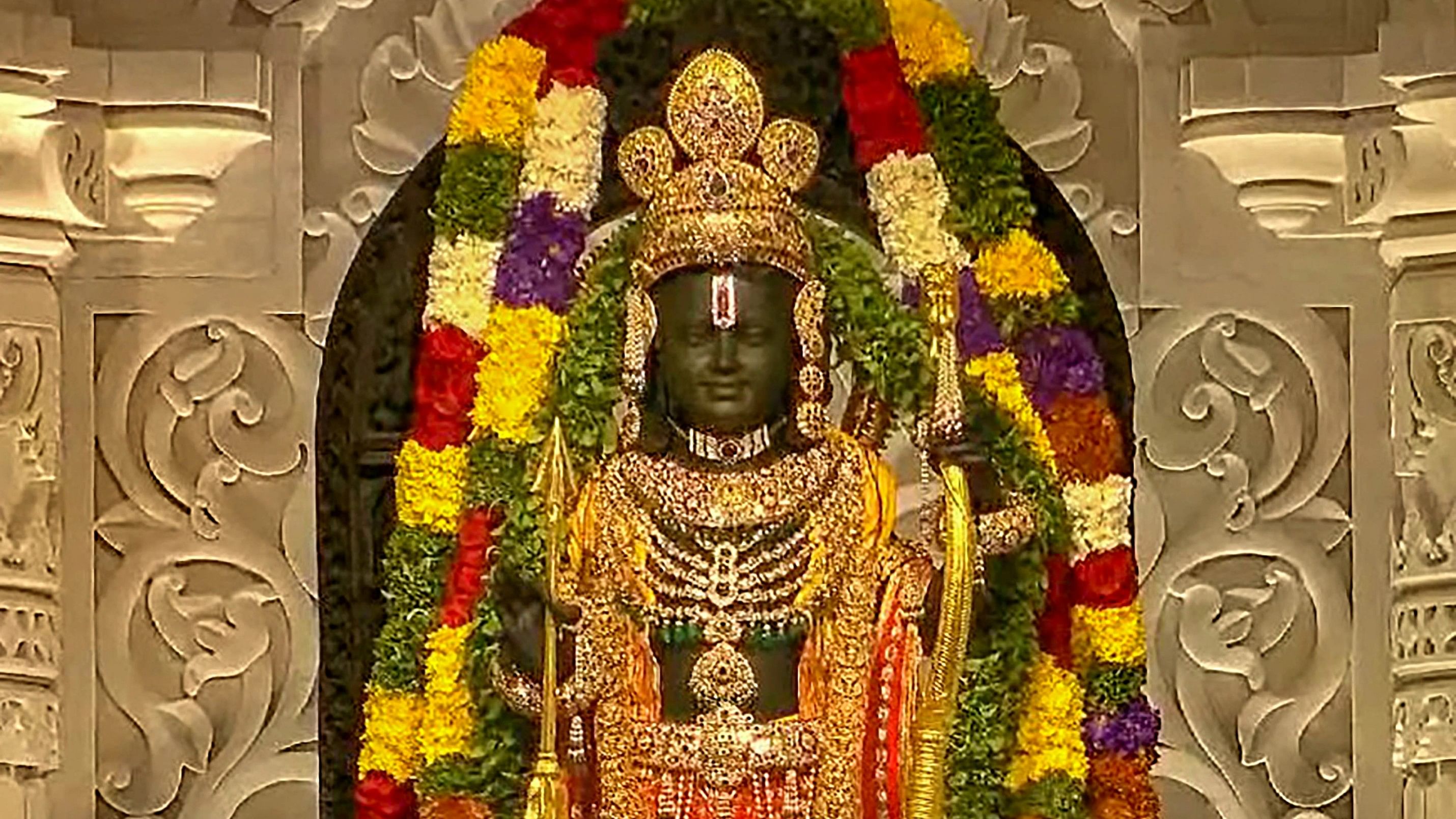 <div class="paragraphs"><p>The idol of Ram Lalla during the 'Pran Pratishtha' rituals at the Ram Mandir, in Ayodhya, Monday, Jan. 22, 2024.</p></div>