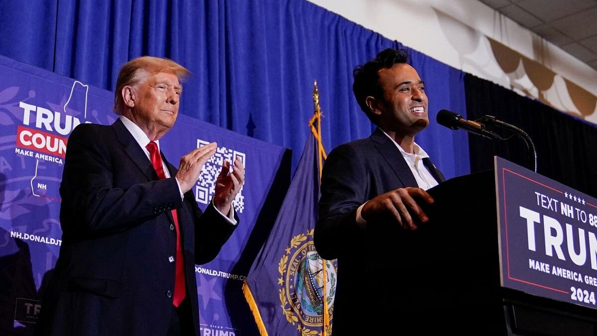 <div class="paragraphs"><p>Vivek Ramaswamy, who ended his Republican presidential campaign, speaks on stage next to Republican presidential candidate and former U.S. President Donald Trump during a campaign rally ahead of the New Hampshire primary election, in Atkinson, New Hampshire, U.S. January 16, 2024.</p></div>