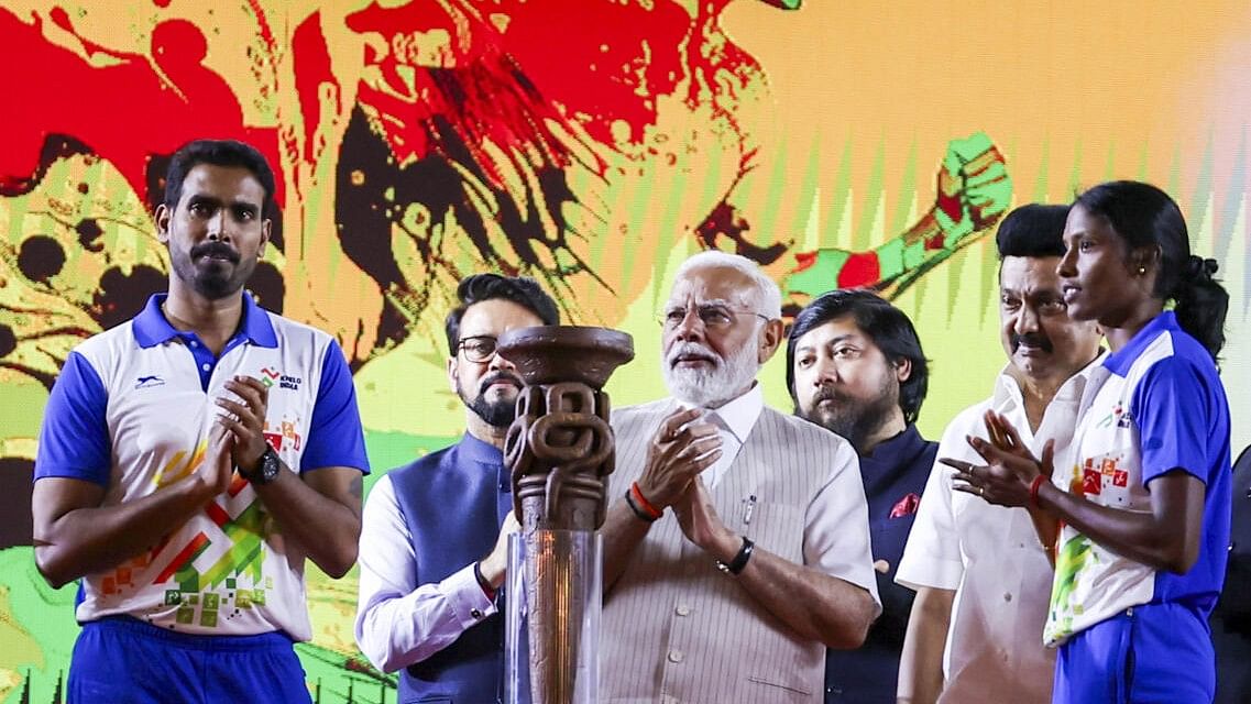 <div class="paragraphs"><p>Prime Minister Narendra Modi with Tamil Nadu Chief Minister MK Stalin, Union Minister of Youth Affairs and Sports Anurag Singh Thakur and others during the opening ceremony of the 6th Khelo India Youth Games, at Jawaharlal Nehru Stadium in Chennai.</p></div>