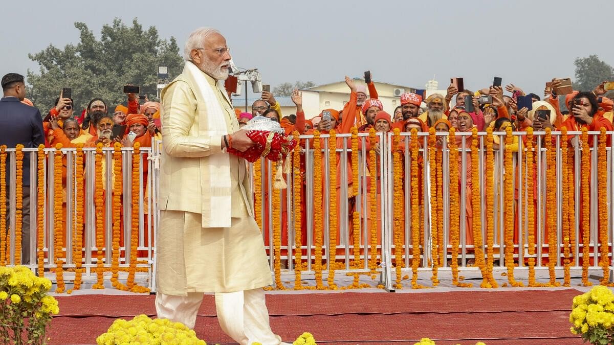 <div class="paragraphs"><p>Prime Minister Narendra Modi arrives at the Ram Mandir for the 'Pran Pratishtha' ceremony, in Ayodhya, Monday, Jan. 22, 2024.</p></div>