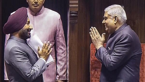 <div class="paragraphs"><p>Rajya Sabha Chairperson Jagdeep Dhankhar greets AAP leader Satnam Singh Sandhu after he took oath as a member of the Rajya Sabha on the first day of the Budget session of Parliament, in New Delhi, Wednesday, January 31, 2024.</p></div>