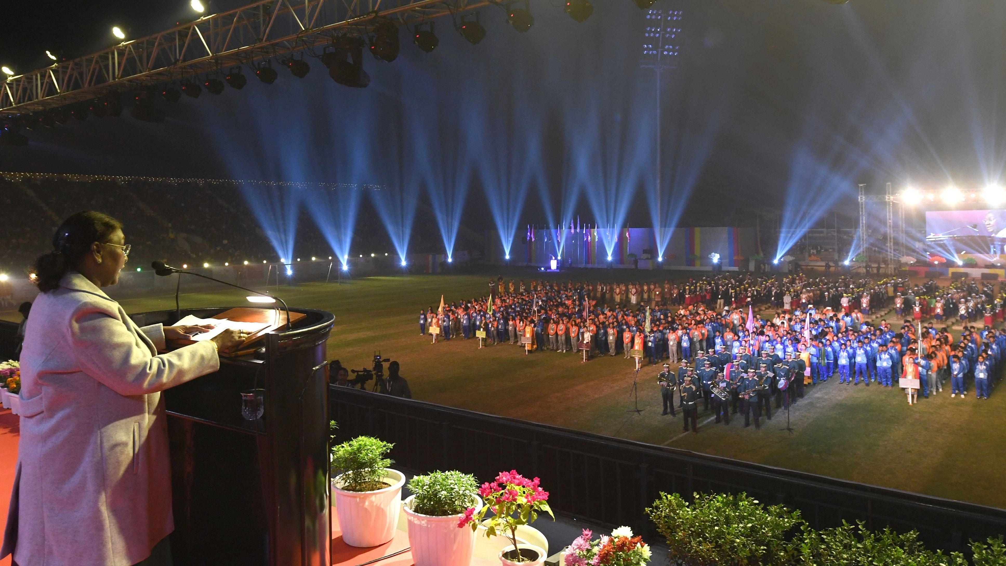 <div class="paragraphs"><p>President Droupadi Murmu addresses during the inauguration of the 5th edition of the Meghalaya Games, in Tura, Meghalaya, Jan. 15, 2024.</p></div>