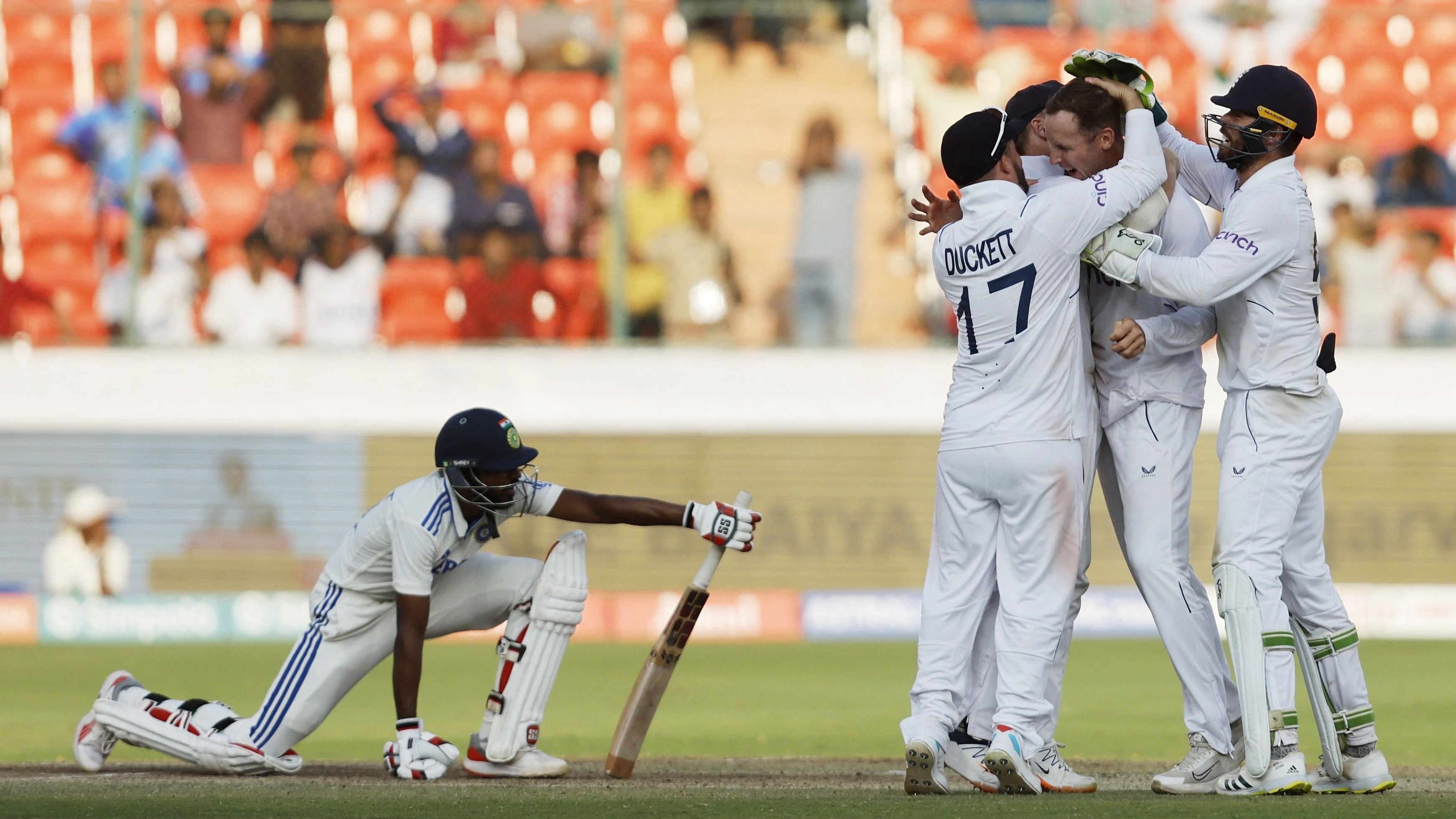 <div class="paragraphs"><p>England's Tom Hartley celebrates with teammates after taking the wicket of India's Srikar Bharat.</p></div>