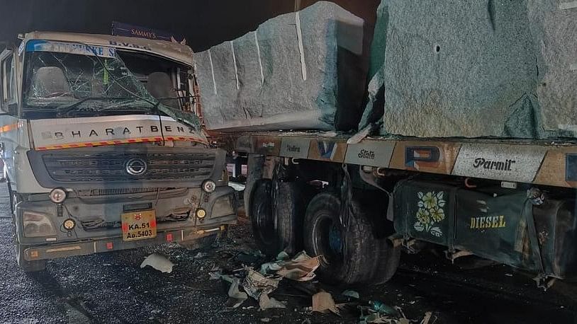 <div class="paragraphs"><p>A speeding truck rammed into a stationary lorry with granite blocks on Ballari Road near the Doddaballapur junction on Thursday. </p></div>