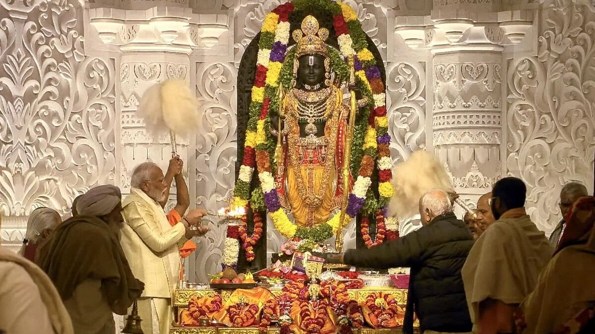 <div class="paragraphs"><p>Prime Minister Narendra Modi and Rashtriya Swayamsevak Sangh (RSS) chief Mohan Bhagwat offer prayers before the idol of Ram Lalla during the 'Pran Pratishtha' rituals at the Ram Mandir, in Ayodhya,</p></div>