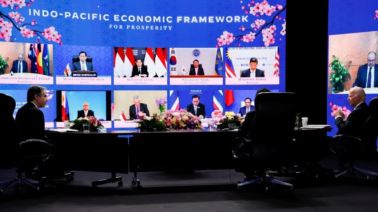 <div class="paragraphs"><p>US President Joe Biden, US Secretary of State Antony Blinken and Japan's Prime Minister Kishida listen to other leaders joining the Indo-Pacific Economic Framework for Prosperity launch event virtually. </p></div>