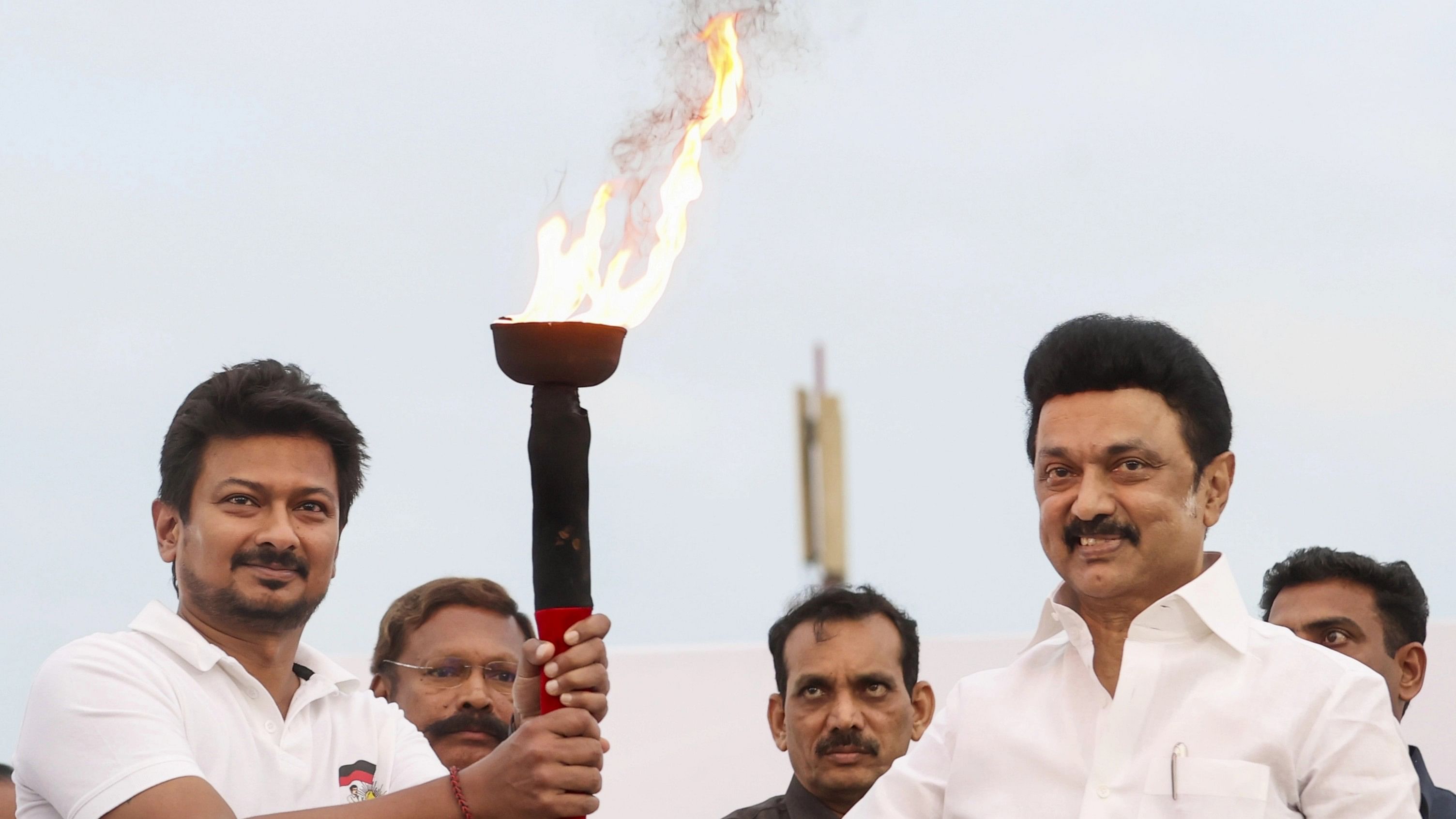 <div class="paragraphs"><p>Tamil Nadu Chief Minister MK Stalin with his son Udhayanidhi Stalin(L).</p></div>