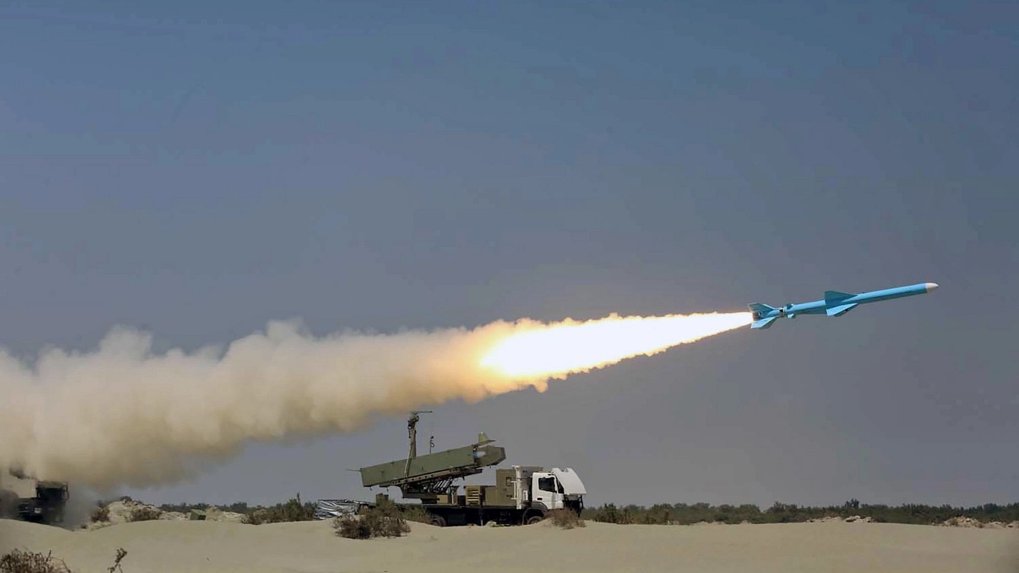 <div class="paragraphs"><p>A missile is launched during an annual military drill in the Gulf of Oman with the participation of Navy, Air and Ground forces, Iran on September 9, 2020.</p></div>