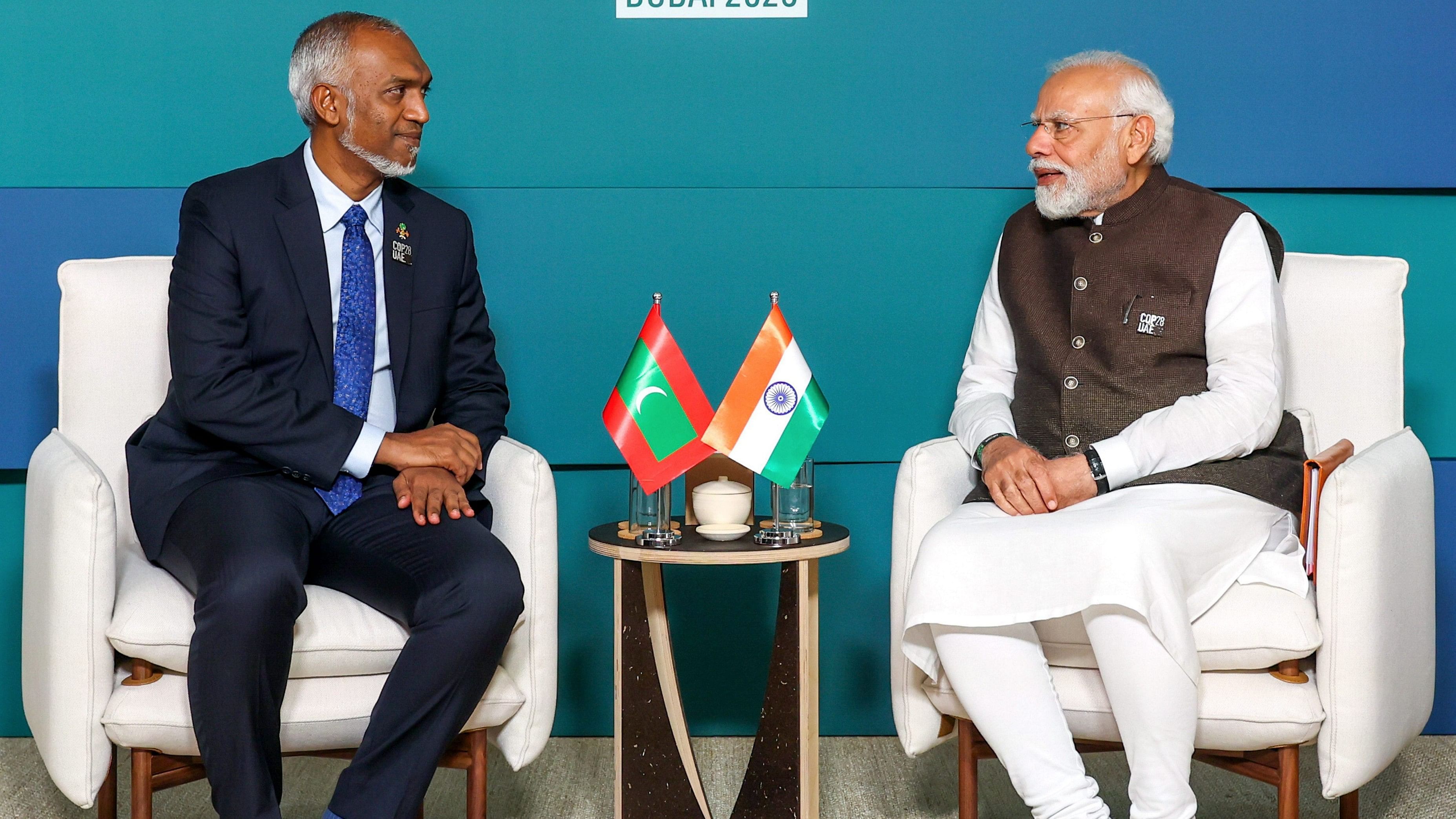 <div class="paragraphs"><p>Prime Minister Narendra Modi in a meeting with President of Maldives Mohamed Muizzu during the COP28, in UAE.</p></div>