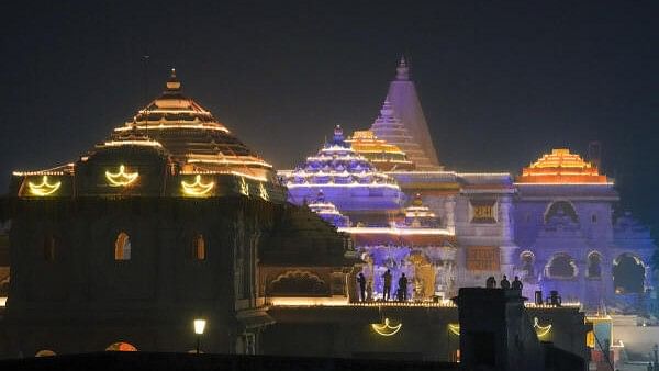 <div class="paragraphs"><p>Ram Mandir illuminated on the eve of its consecration ceremony, in Ayodhya, Uttar Pradesh.</p></div>