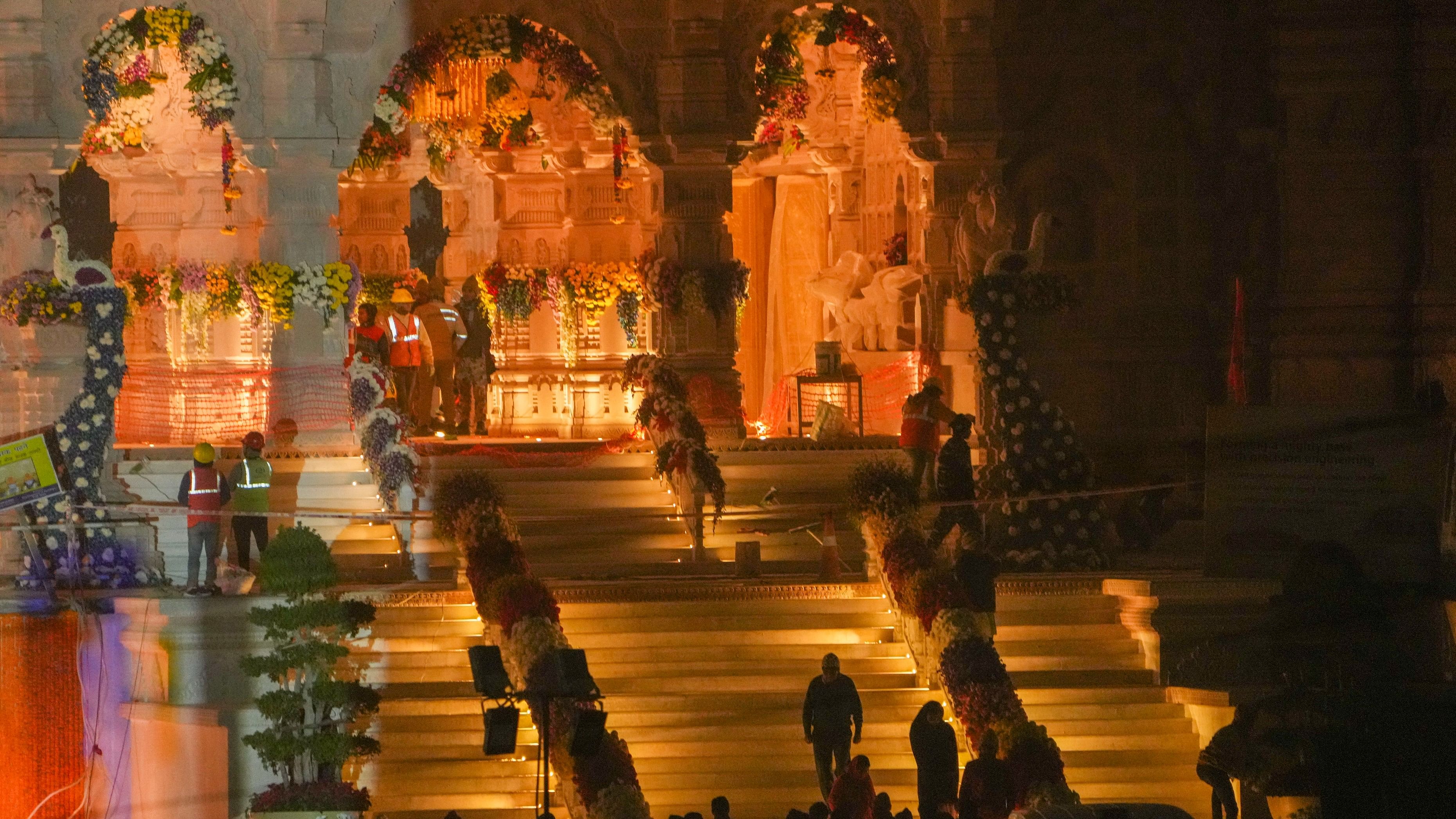 <div class="paragraphs"><p>View of the Ram Mandir in the evening ahead of its consecration ceremony, in Ayodhya.&nbsp;</p></div>