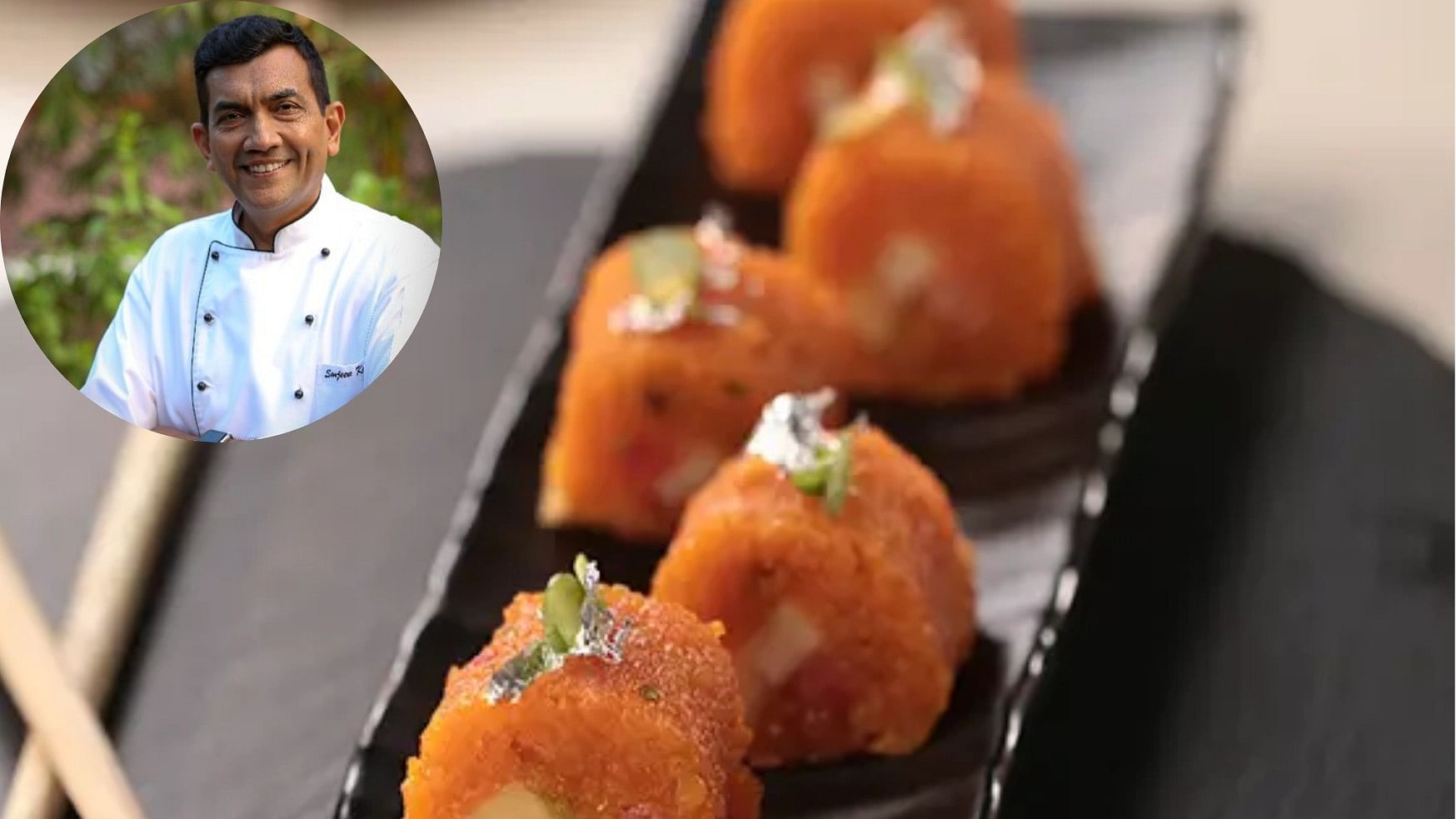 <div class="paragraphs"><p>Motichoor sushis seen here, along with a photo of chef Sanjeev Kapoor.</p></div>