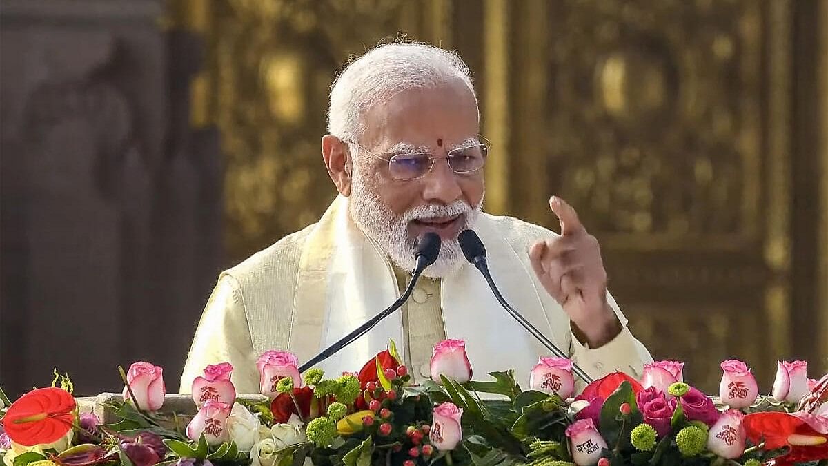 <div class="paragraphs"><p>Prime Minister Narendra Modi addresses after the ‘Pran Pratishtha’ ceremony at the Ram Mandir, in Ayodhya.</p></div>