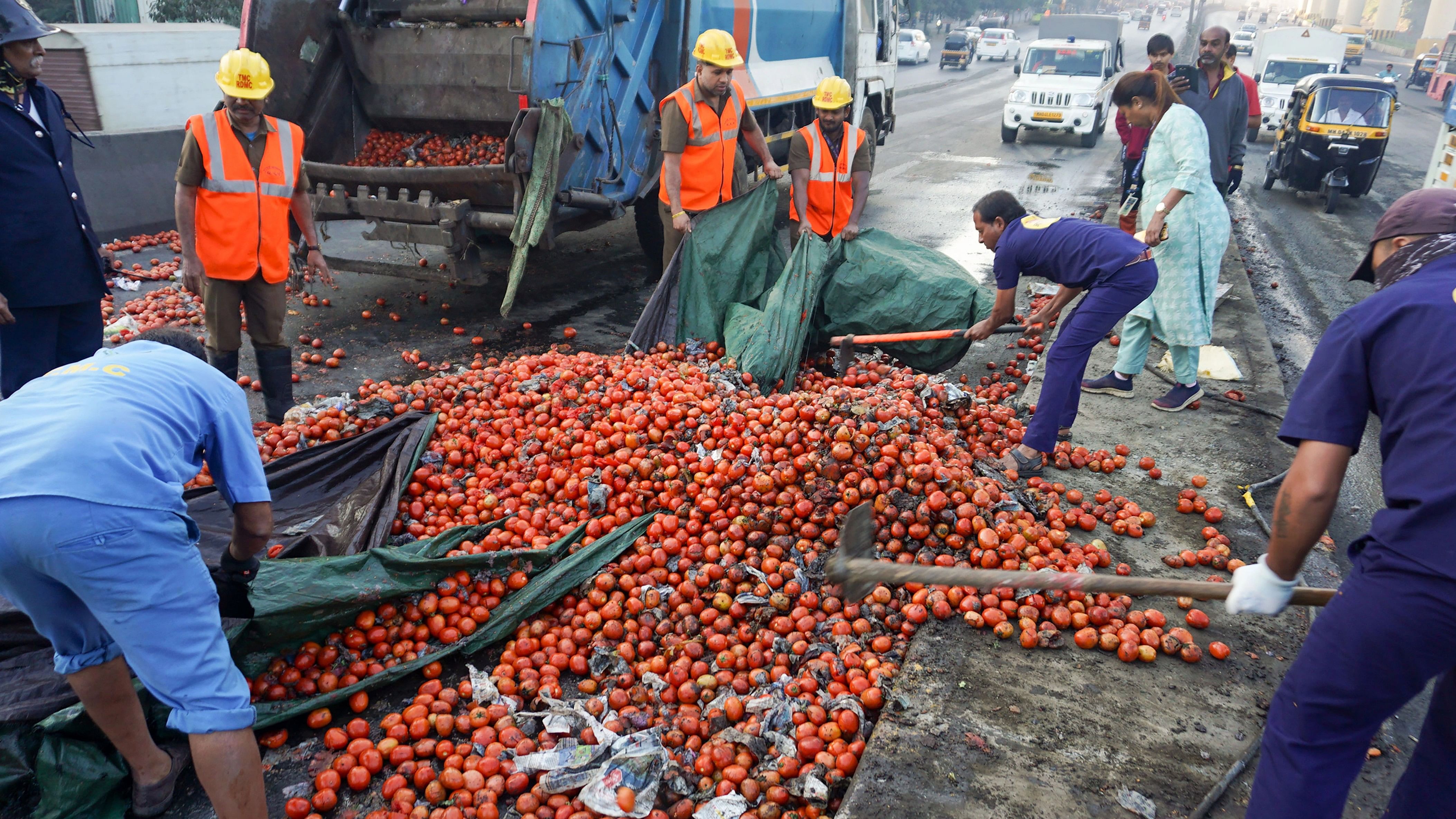 <div class="paragraphs"><p>Workers clean a road after a truck carrying tomatoes overturned near Patlipada bridge, in Thane</p></div>