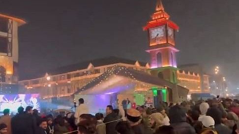 <div class="paragraphs"><p>Celebrations at the famous clock tower in the iconic Lal Chowk city center of Srinagar on Sunday night, December 31, 2023.</p></div>