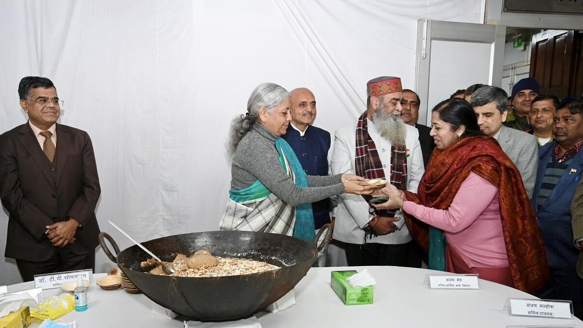 <div class="paragraphs"><p>Union finance Minister Nirmala Sitharaman take part in the 'halwa ceremony' that mark the commencement of the final stage of preparations for 'Interim Union Budget 2024'.</p></div>