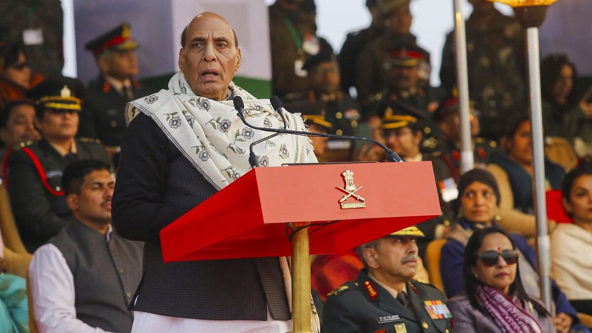 <div class="paragraphs"><p>Defence Minister Rajnath Singh addresses during the military and combat display ‘Shaurya Sandhya’ organised as part of the 76th Army Day celebrations, in Lucknow.</p></div>
