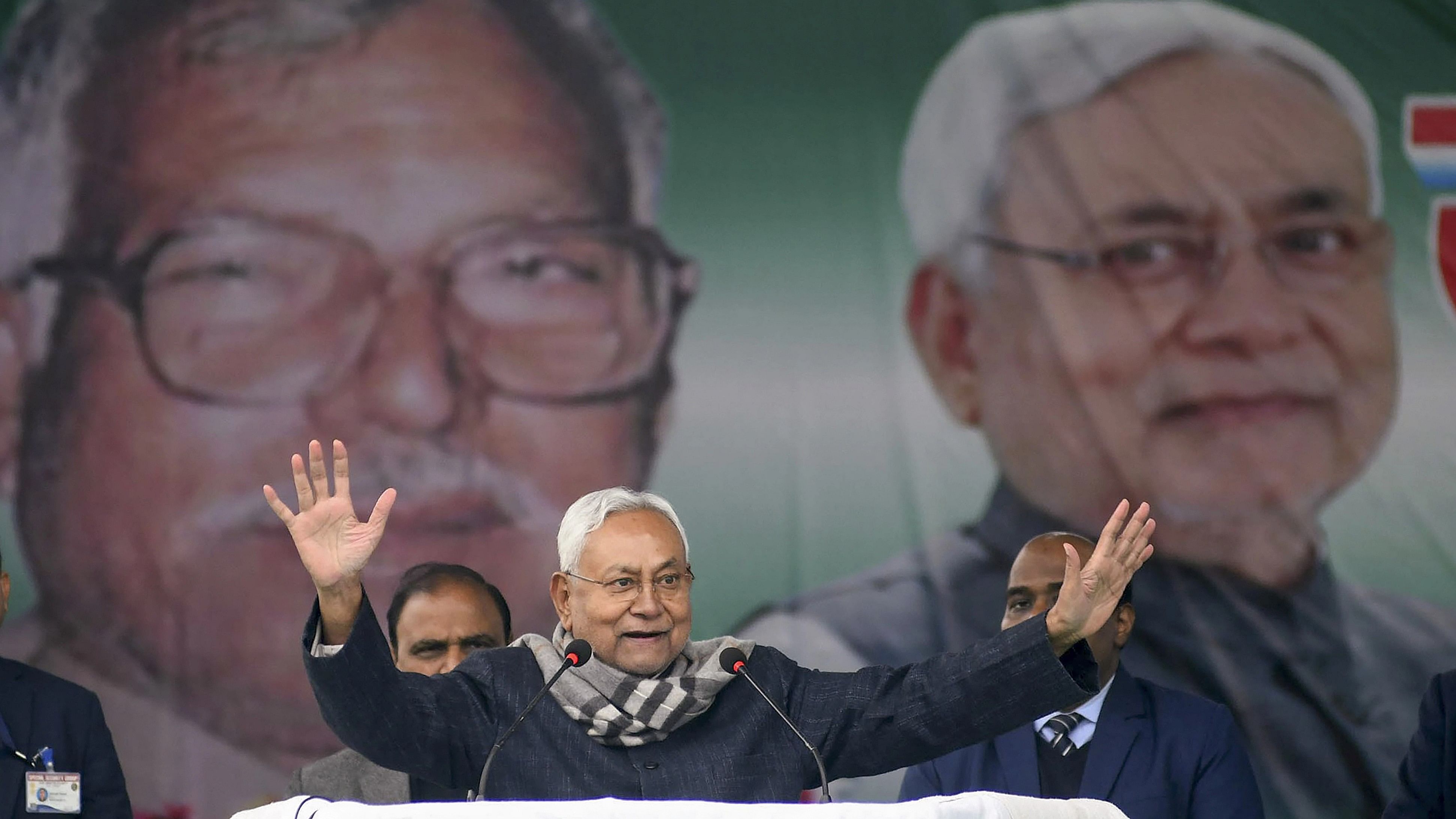 <div class="paragraphs"><p>Bihar Chief Minister Nitish Kumar speaks during birth centenary celebrations of former state chief minister Karpoori Thakur, in Patna, Wednesday, Jan. 24, 2024. </p></div>