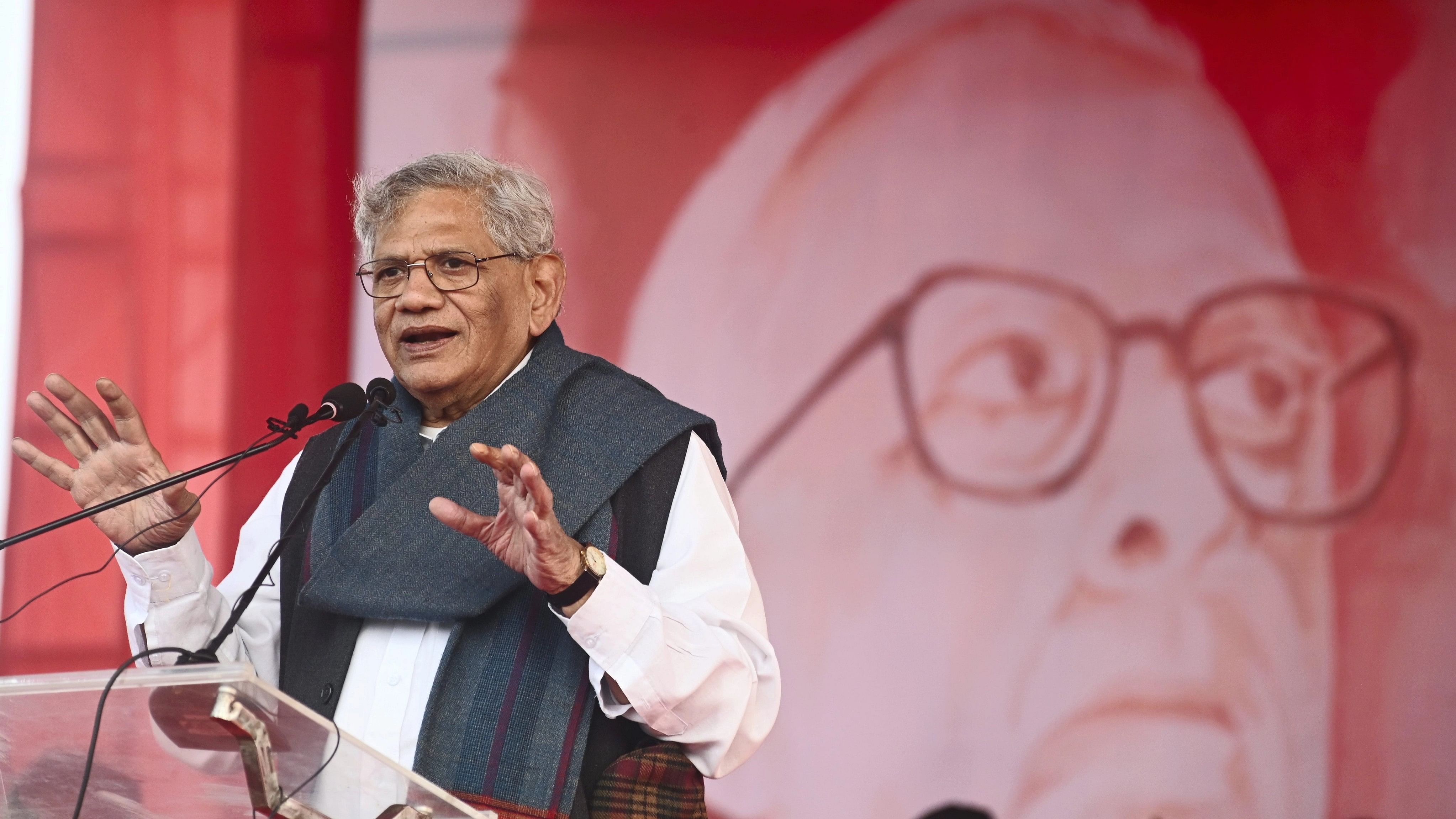 <div class="paragraphs"><p>PI(M) General Secretary Sitaram Yechury addresses a foundation stone laying ceremony of the building of Jyoti Basu Centre For Social Studies and Research, at New Town, Kolkata.</p></div>