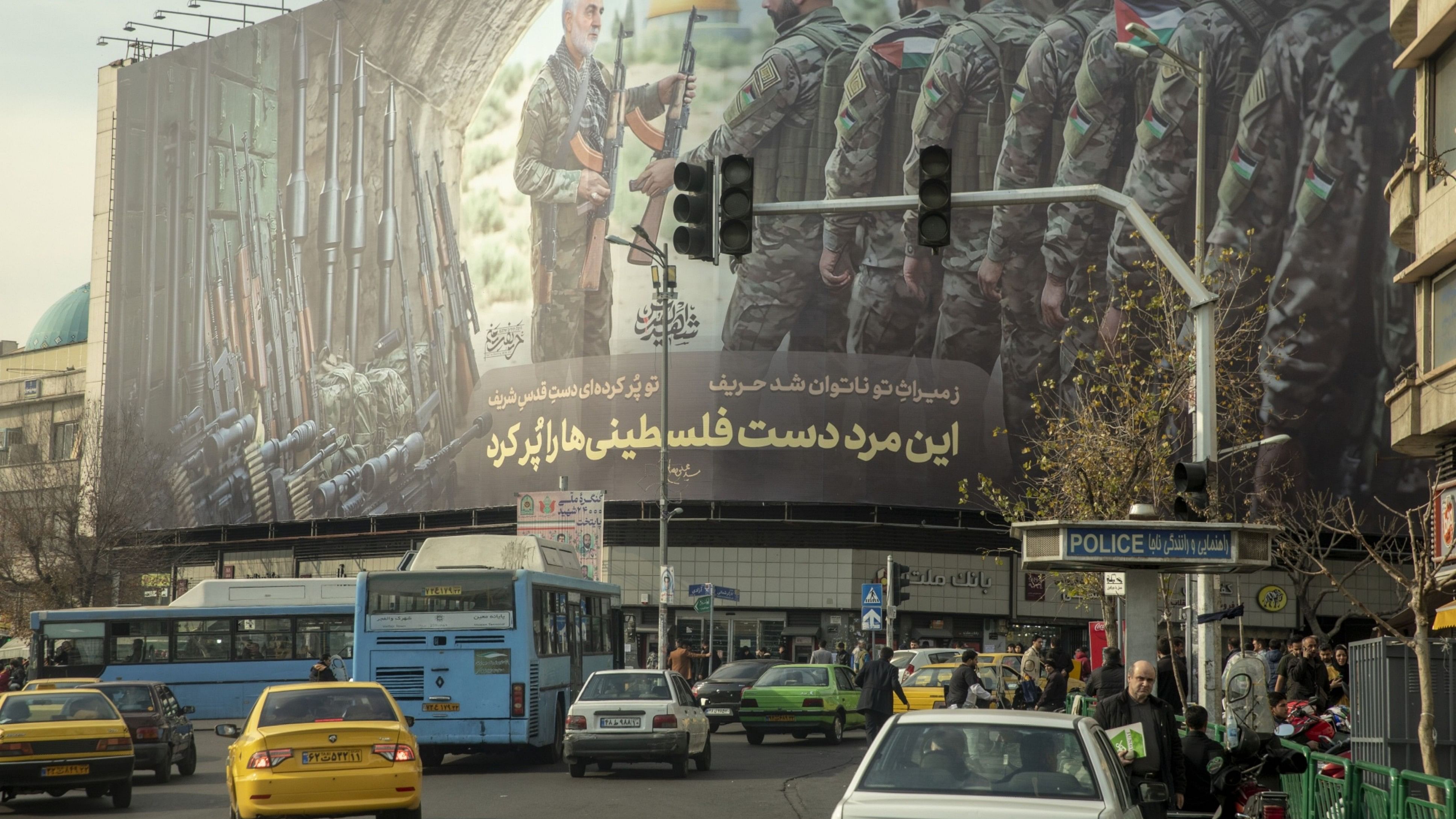 <div class="paragraphs"><p>A billboard on Enghelab square in Tehran depicting Qasem Soleimani, the assassinated commander of Iran’s Quds force, delivering weapons to Hamas.</p></div>