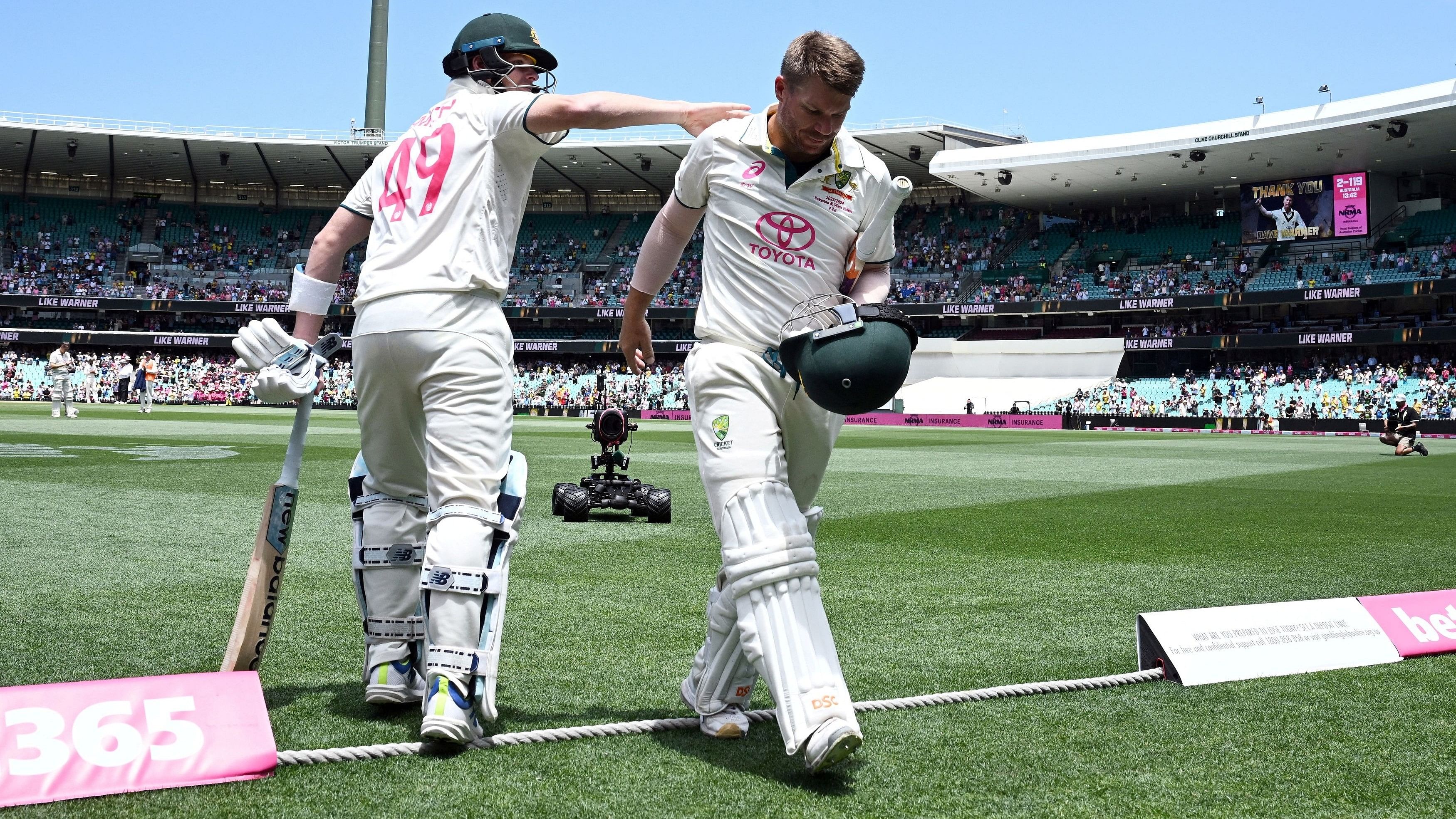 <div class="paragraphs"><p>Australia's David Warner is embraced by Steve Smith as he leaves the field in his last test match after being dismissed from the bowling of Pakistan's Sajid Khan Dan Himbrechts.&nbsp;</p></div>