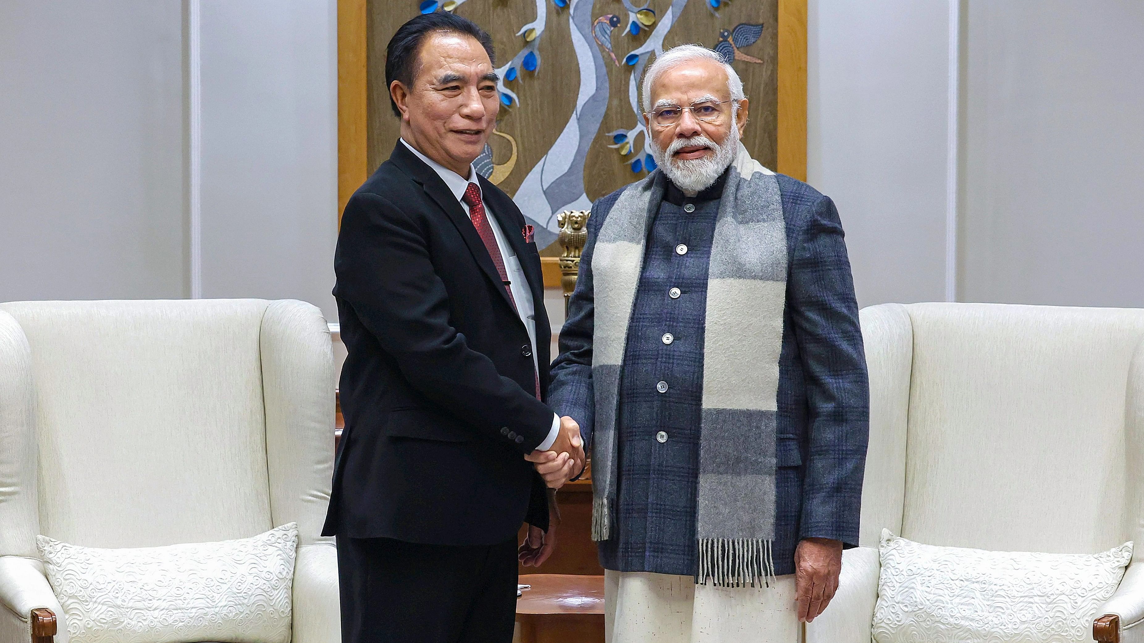 <div class="paragraphs"><p>Prime Minister Narendra Modi during a meeting with Mizoram Chief Minister Lalduhoma.</p></div>