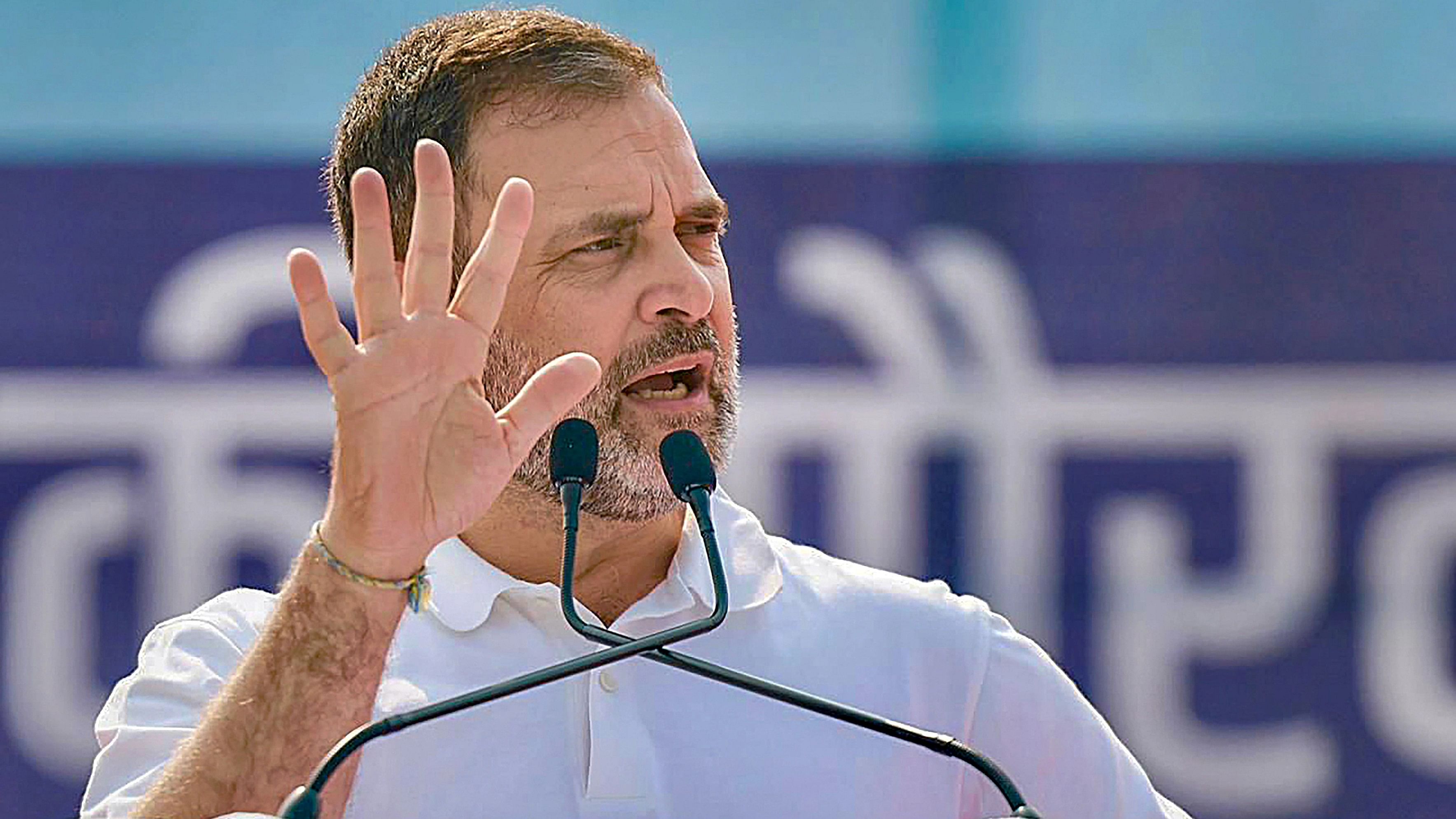 <div class="paragraphs"><p>Congress leader Rahul Gandhi addresses supporters during handing over of the National flag as the Bharat Jodo Nyay Yatra entered Bihar from West Bengal, in Kishanganj, Monday, January 29, 2024. </p></div>