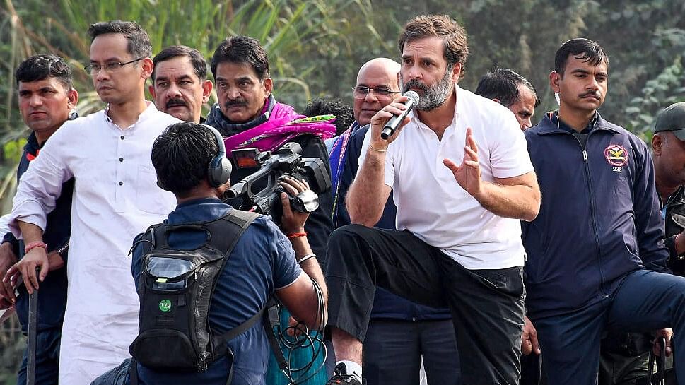 <div class="paragraphs"><p>Rahul Gandhi addresses supporters during the Bharat Jodo Nyay Yatra, in Guwahati, Assam.</p></div>