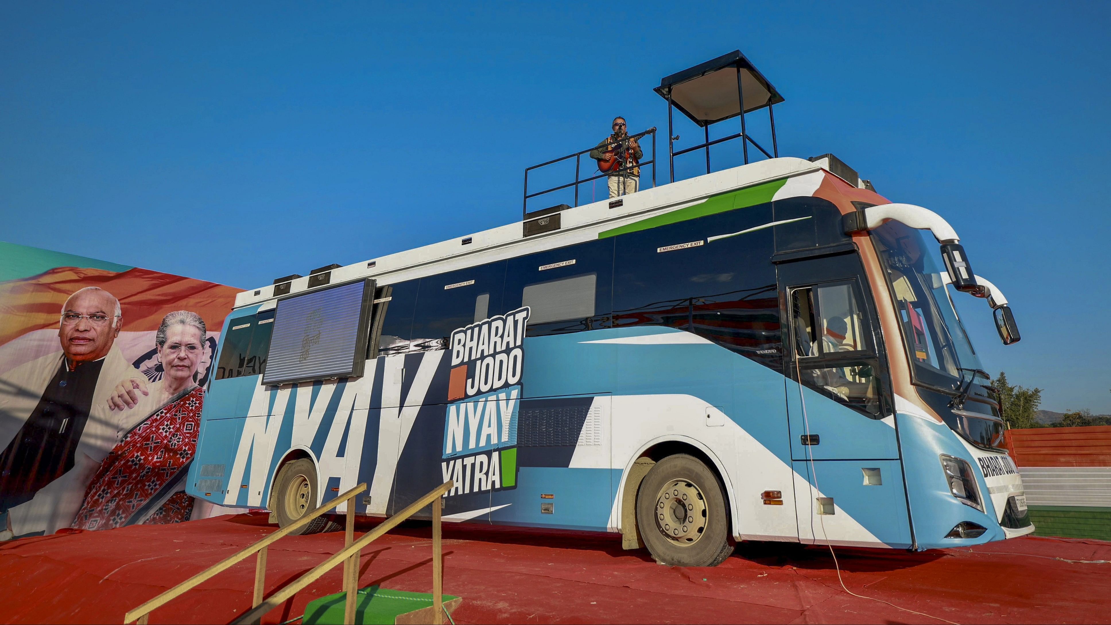 <div class="paragraphs"><p>A bus, that will be used in the 'Bharat Jodo Nyay Yatra', parked, in Thoubal district, Manipur</p></div>