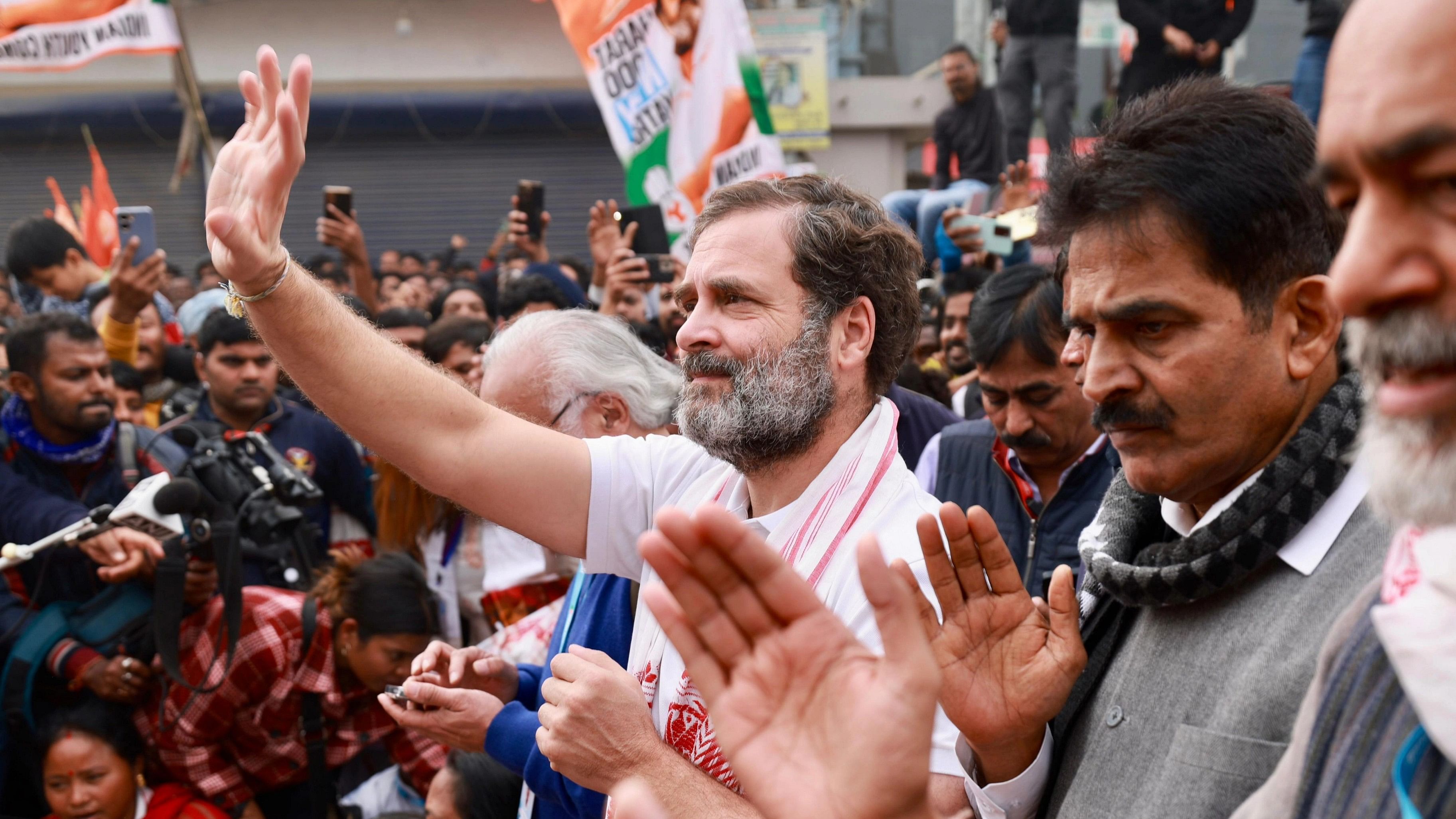 <div class="paragraphs"><p> Nagaon: Congress leader Rahul Gandhi with party leader KC Venugopal and others protest after he was not allowed to visit the Sri Sri Sankar Dev Satra during the Bharat Jodo Nyay Yatra, in Nagaon district, Assam, Monday, Jan. 22, 2024.&nbsp;</p></div>