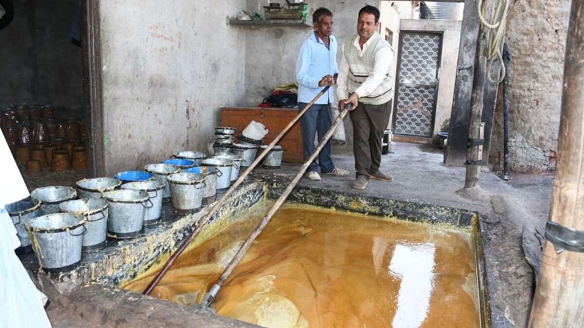 Jaggery production underway at an unit at Sambra near Belagavi.  