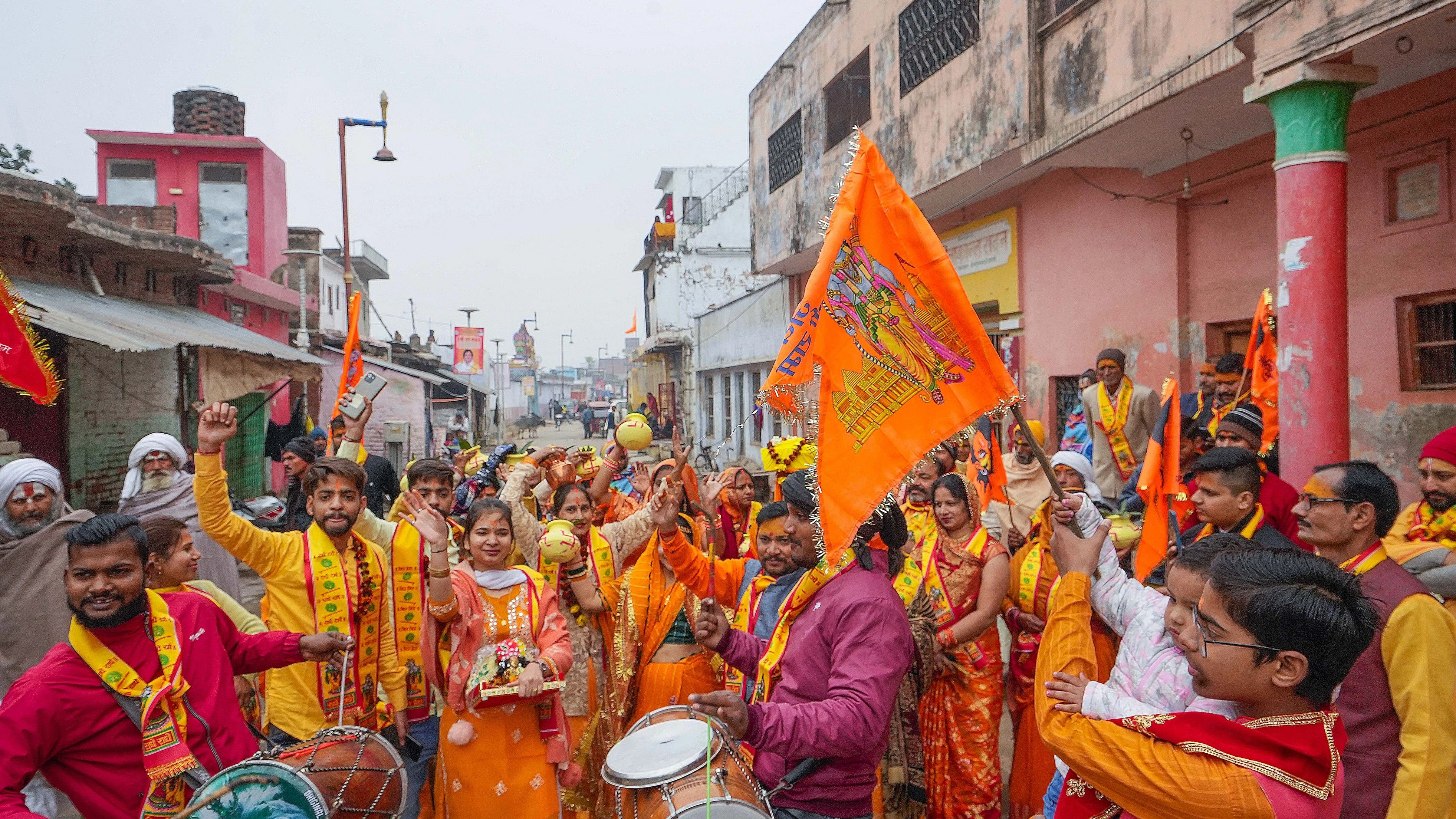 <div class="paragraphs"><p>Women take part in a 'Kalash Yatra' ahead of the Shri Ram Janmabhoomi Temple consecration ceremony, in Ayodhya, Wednesday, January 17, 2024. </p></div>