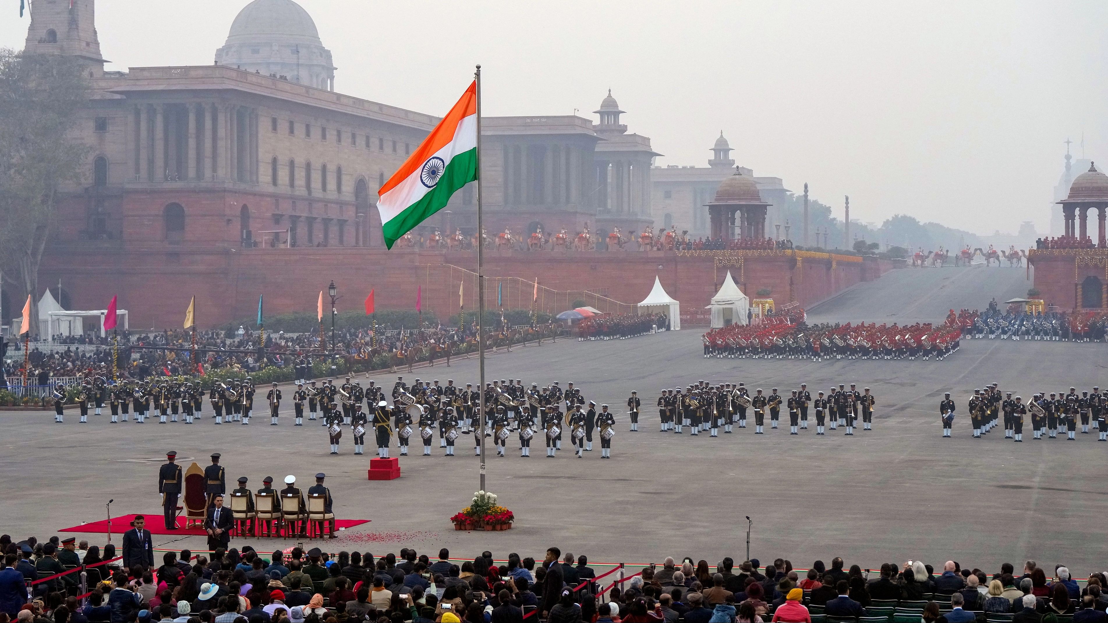 <div class="paragraphs"><p>Military band personnel perform during the Beating Retreat ceremony, at Vijay Chowk in New Delhi, Monday, Jan. 29, 2024. </p></div>